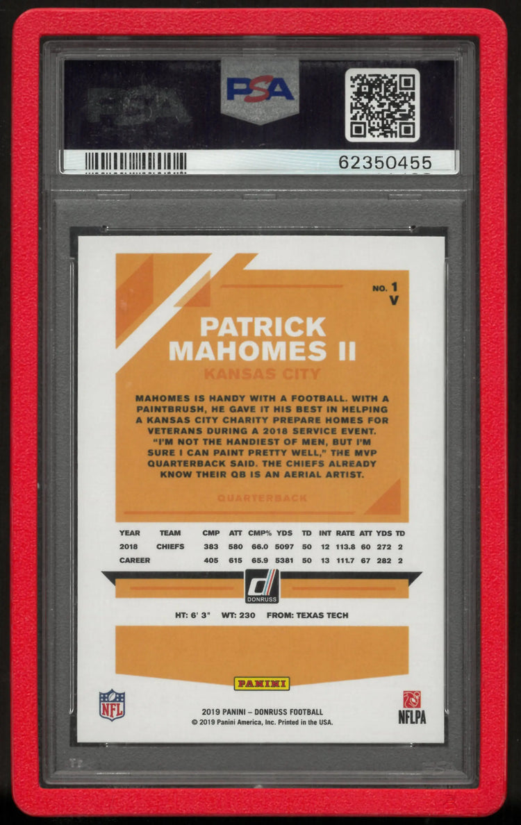 2019 Panini Donruss Patrick Mahomes II #1 No Helmet PRS. PRF. Brnz. PSA 10 