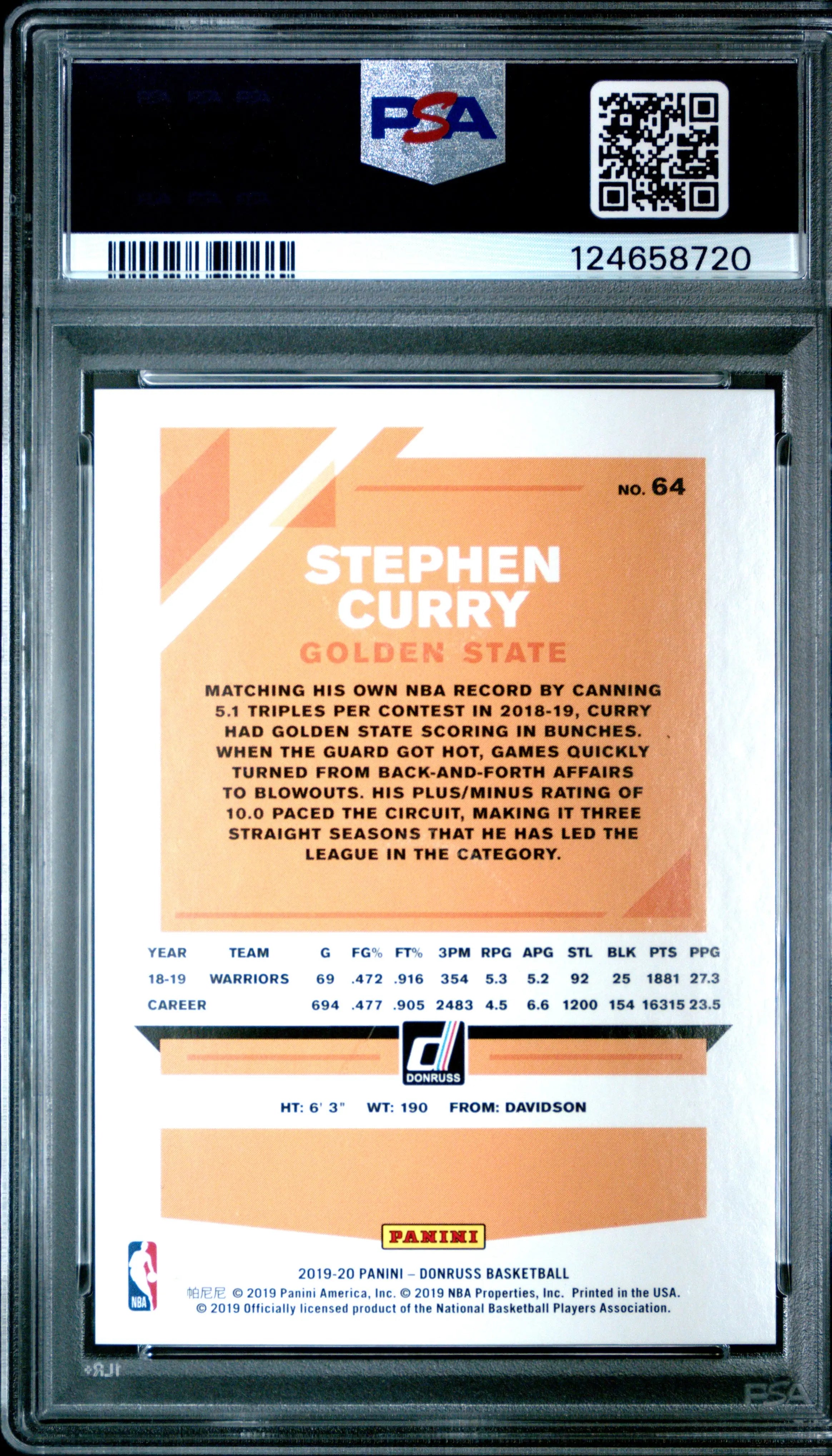 2019 Panini Donruss Stephen Curry /15 Purple Laser PSA 9 