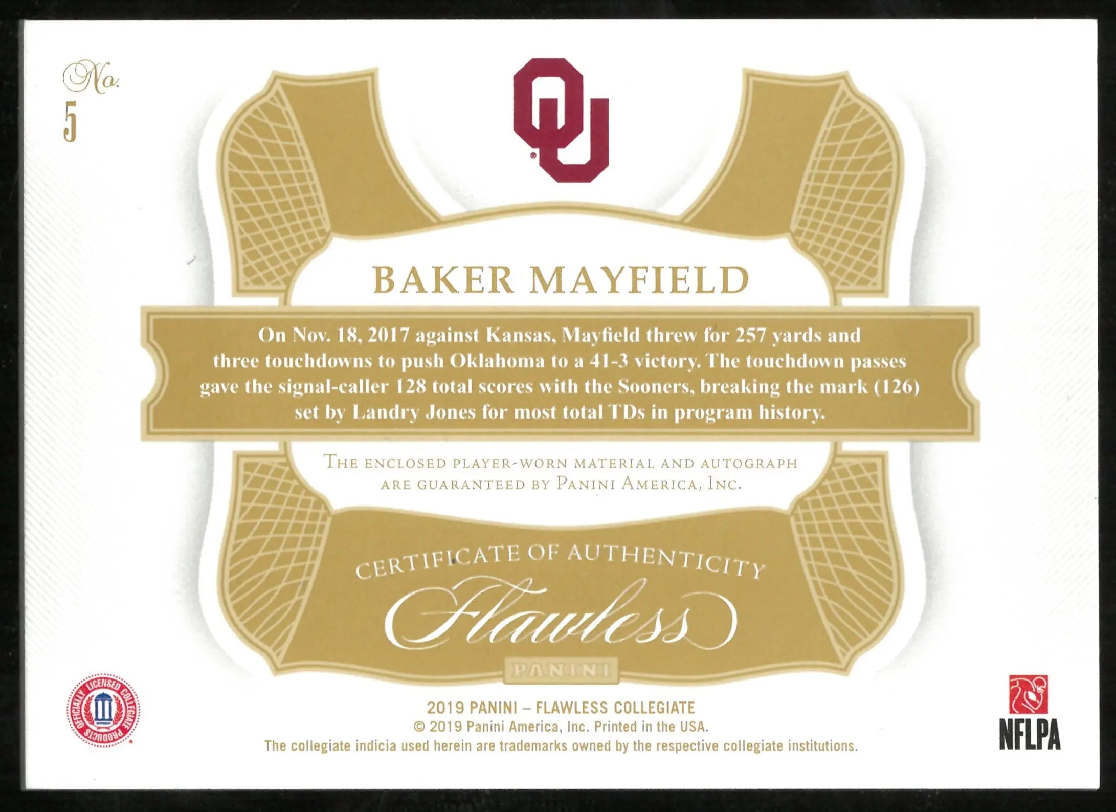 2019 Panini Flawless Collegiate Star Swatch Signatures Patch Auto Baker Mayfield /20 