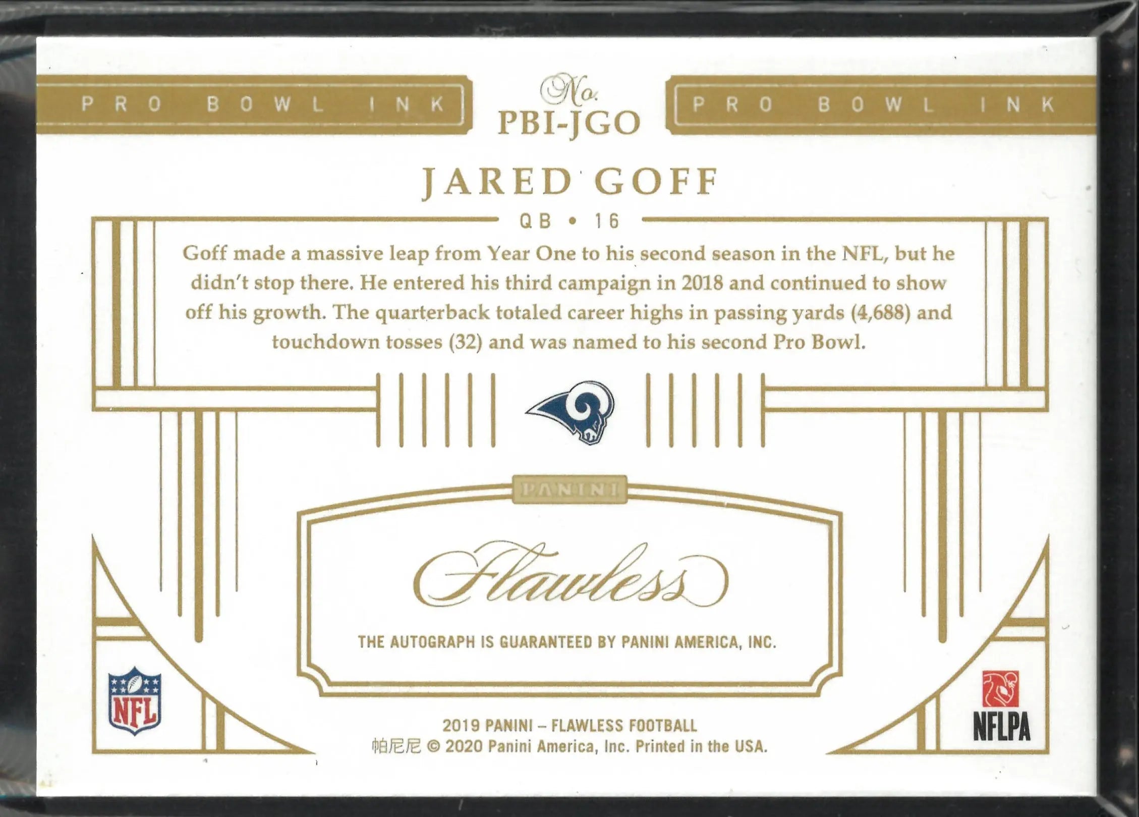 2019 Panini Flawless Pro Bowl Autograph Jared Goff Auto /15 