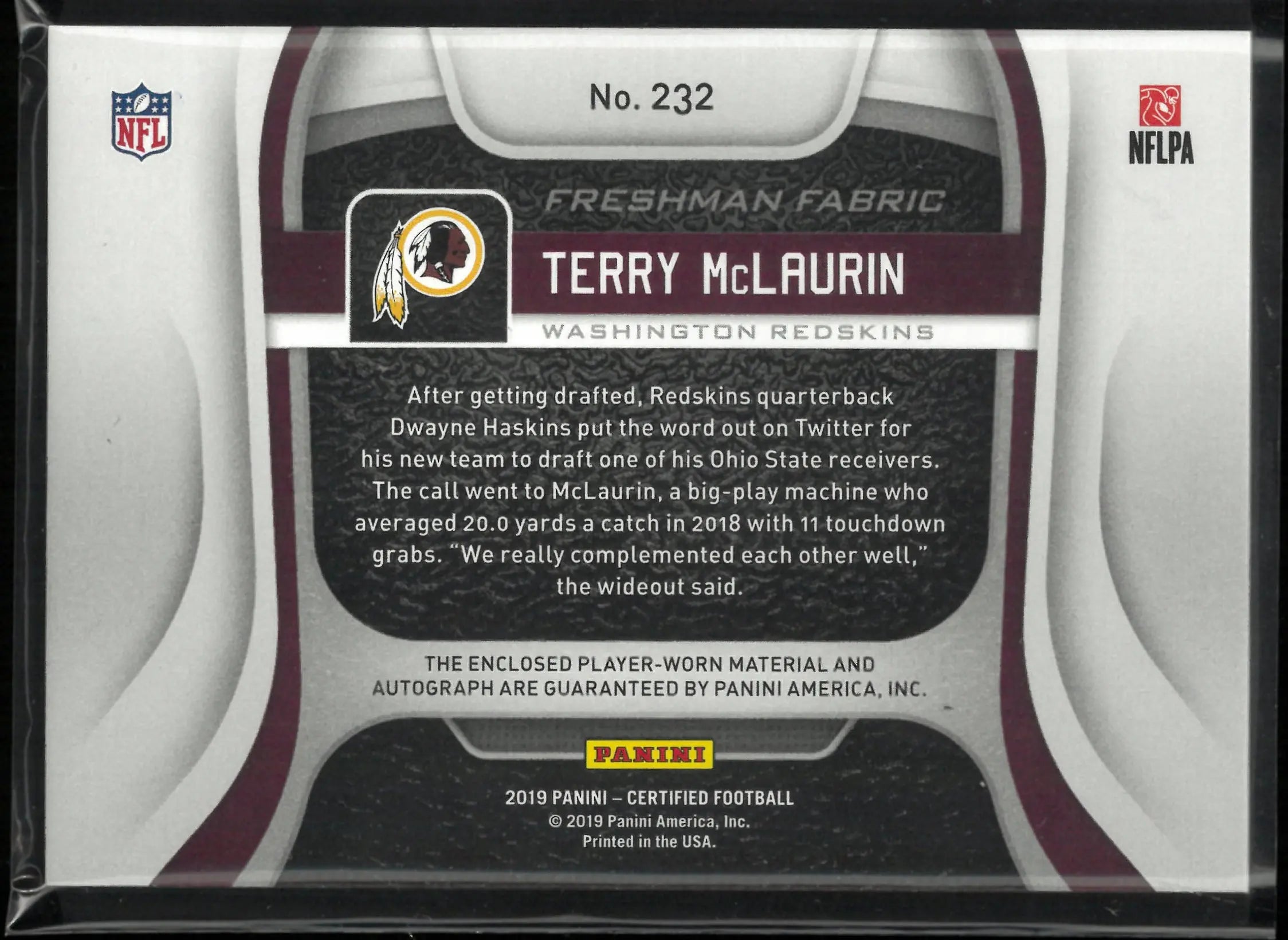 2019 Panini Freshman Fabric Rookie Patch Autograph Terry McLaurin RC Blue /25 