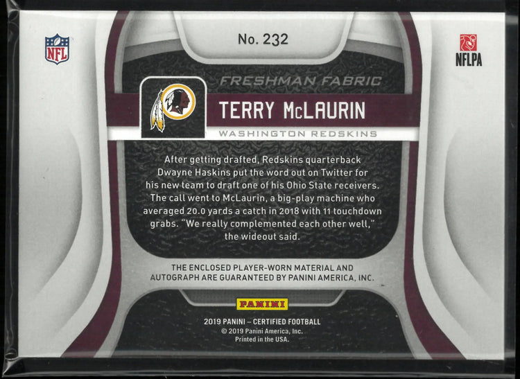 2019 Panini Freshman Fabric Rookie Patch Autograph Terry McLaurin RC Blue /25 