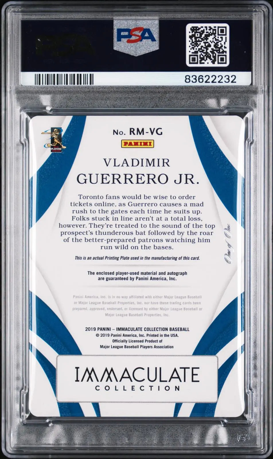 2019 Panini Immaculate Coll. Auto Rookie Vladimir Guerrero Jr. Ylw PP 1/1 PSA 7 