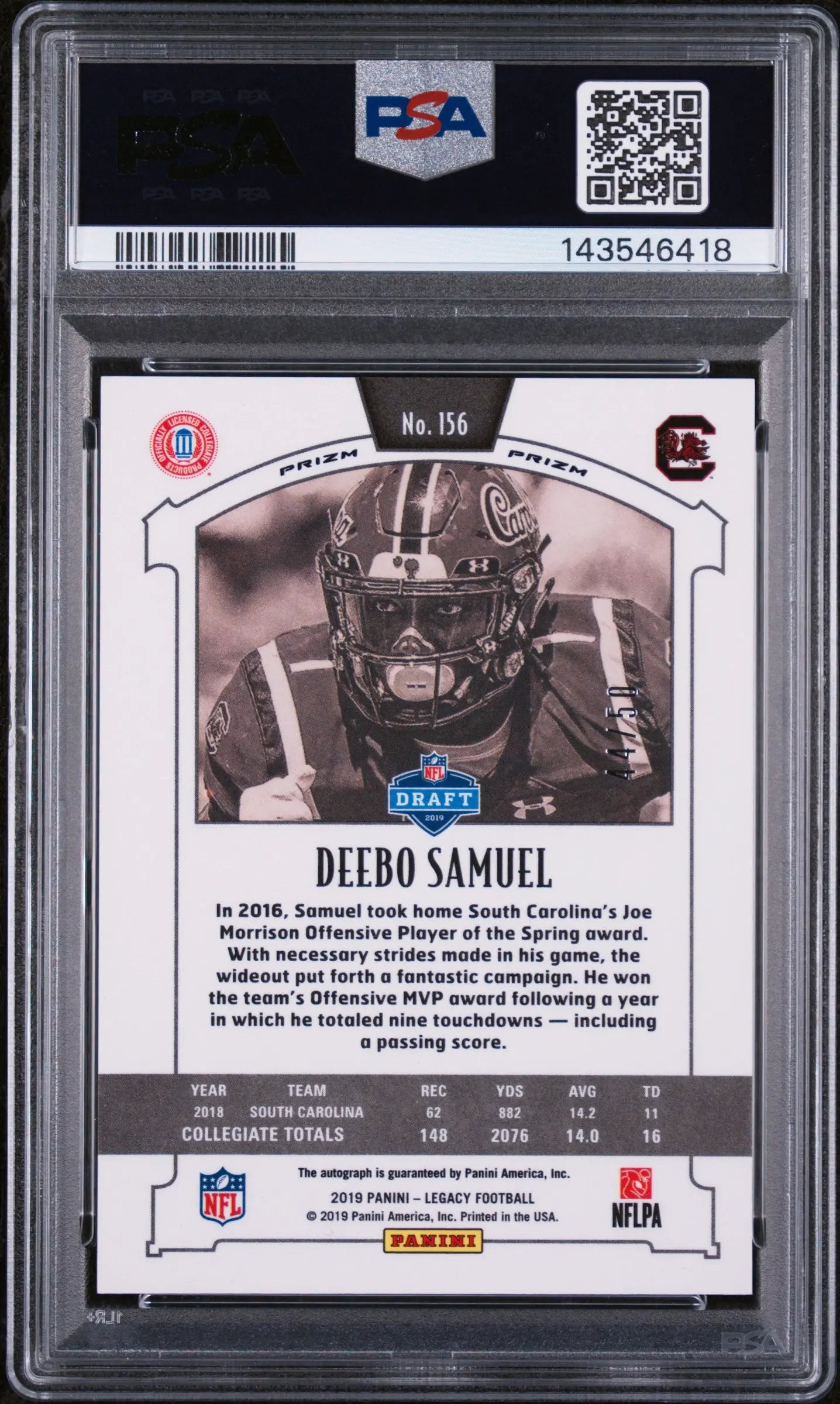2019 Panini Legacy Rookie Autograph Deebo Samuel  Auto Gold /50 PSA 8 
