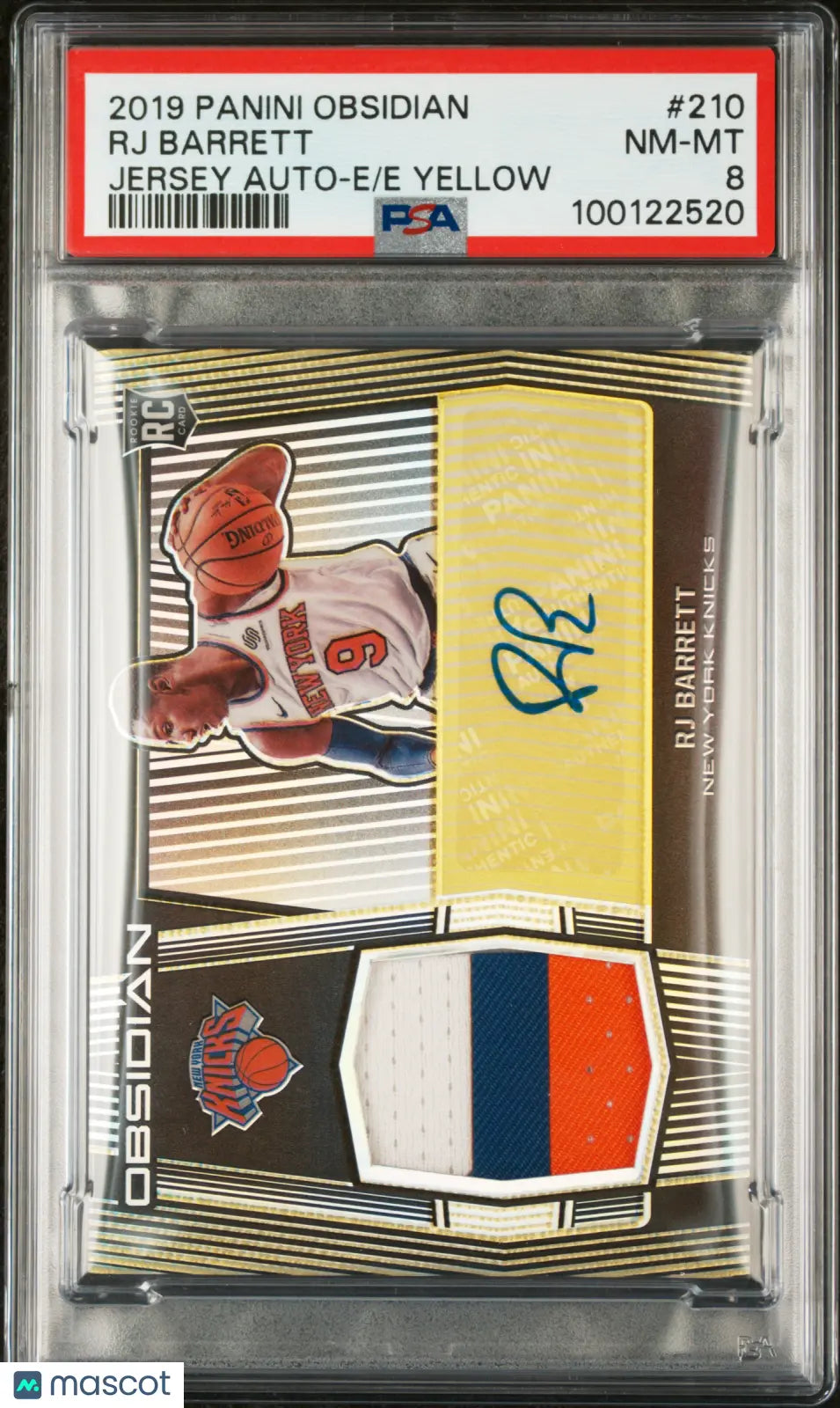 2019 Panini Obsidian Basketball RJ Barrett RC Jersey Auto E/E Yellow PSA 8 /10 