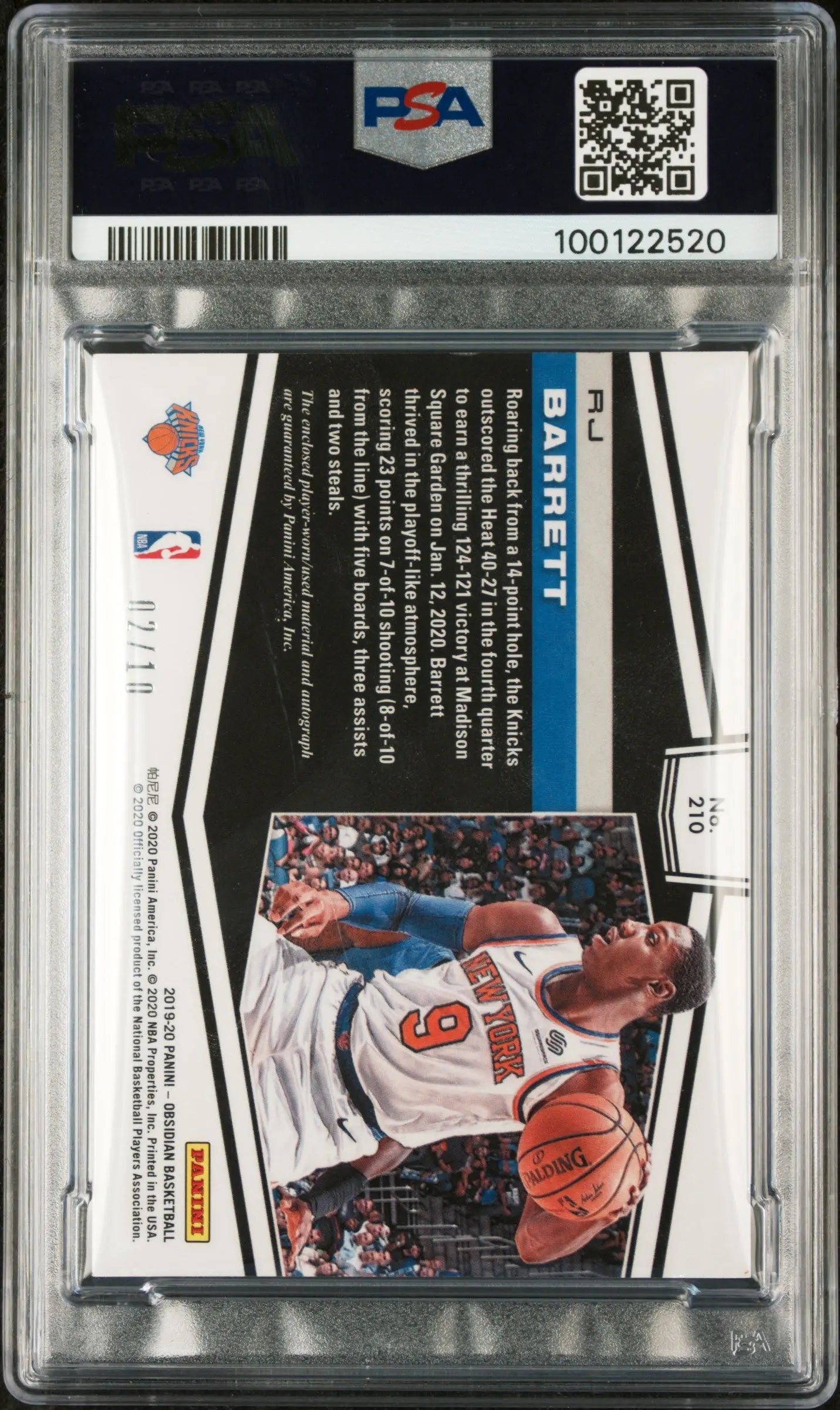 2019 Panini Obsidian Basketball RJ Barrett RC Jersey Auto E/E Yellow PSA 8 /10 