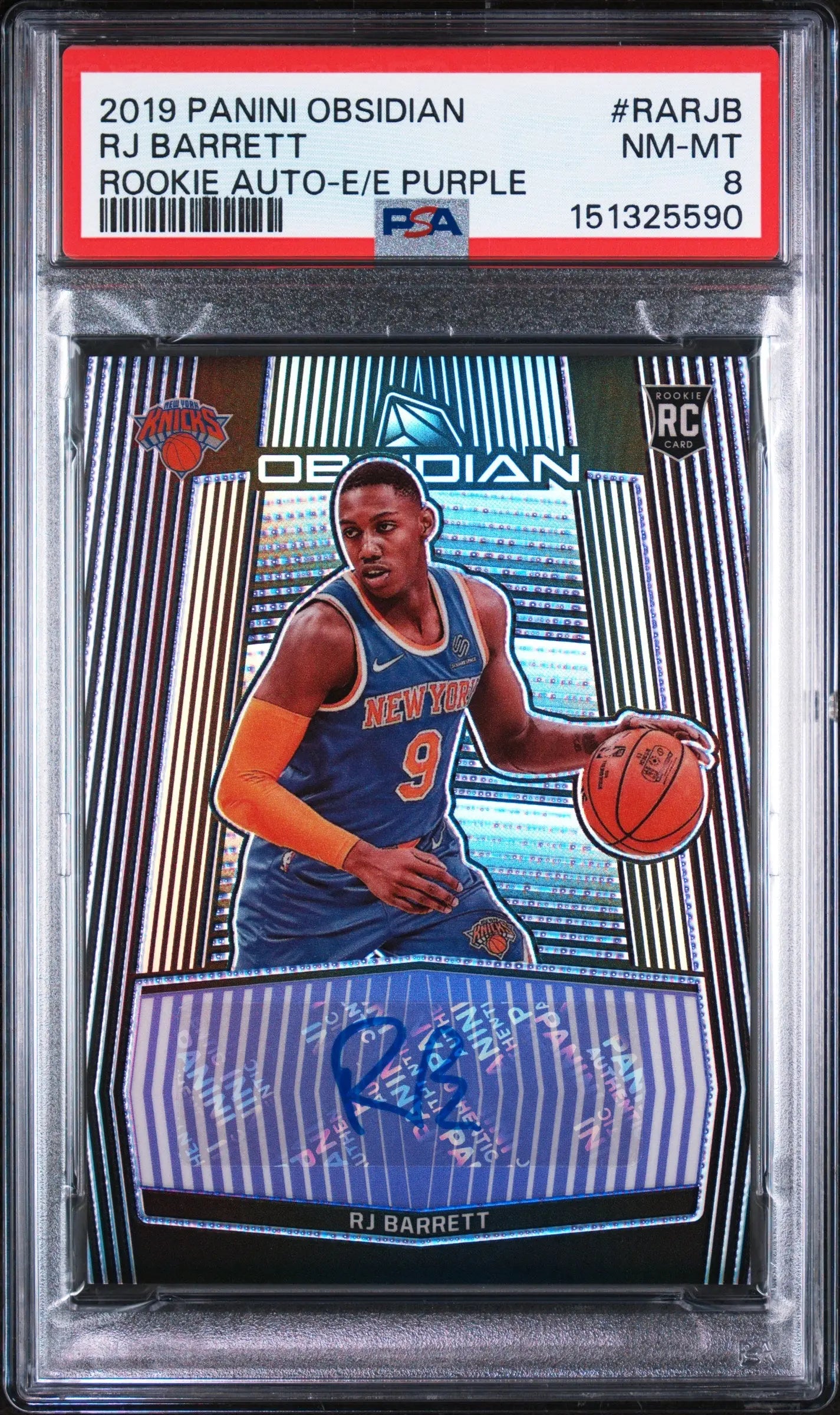2019 Panini Obsidian Rookie Autographs RJ Barrett Auto Purple /75 RC PSA 8 