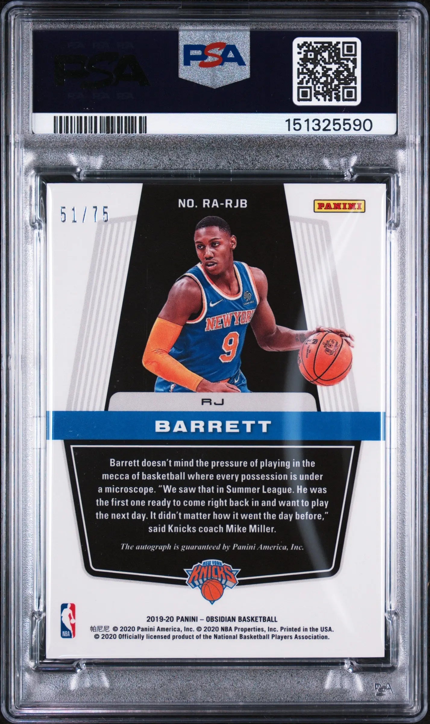 2019 Panini Obsidian Rookie Autographs RJ Barrett Auto Purple /75 RC PSA 8 