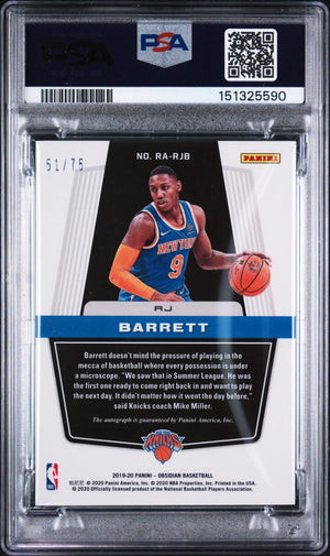 2019 Panini Obsidian Rookie Autographs RJ Barrett Auto Purple /75 RC PSA 8 