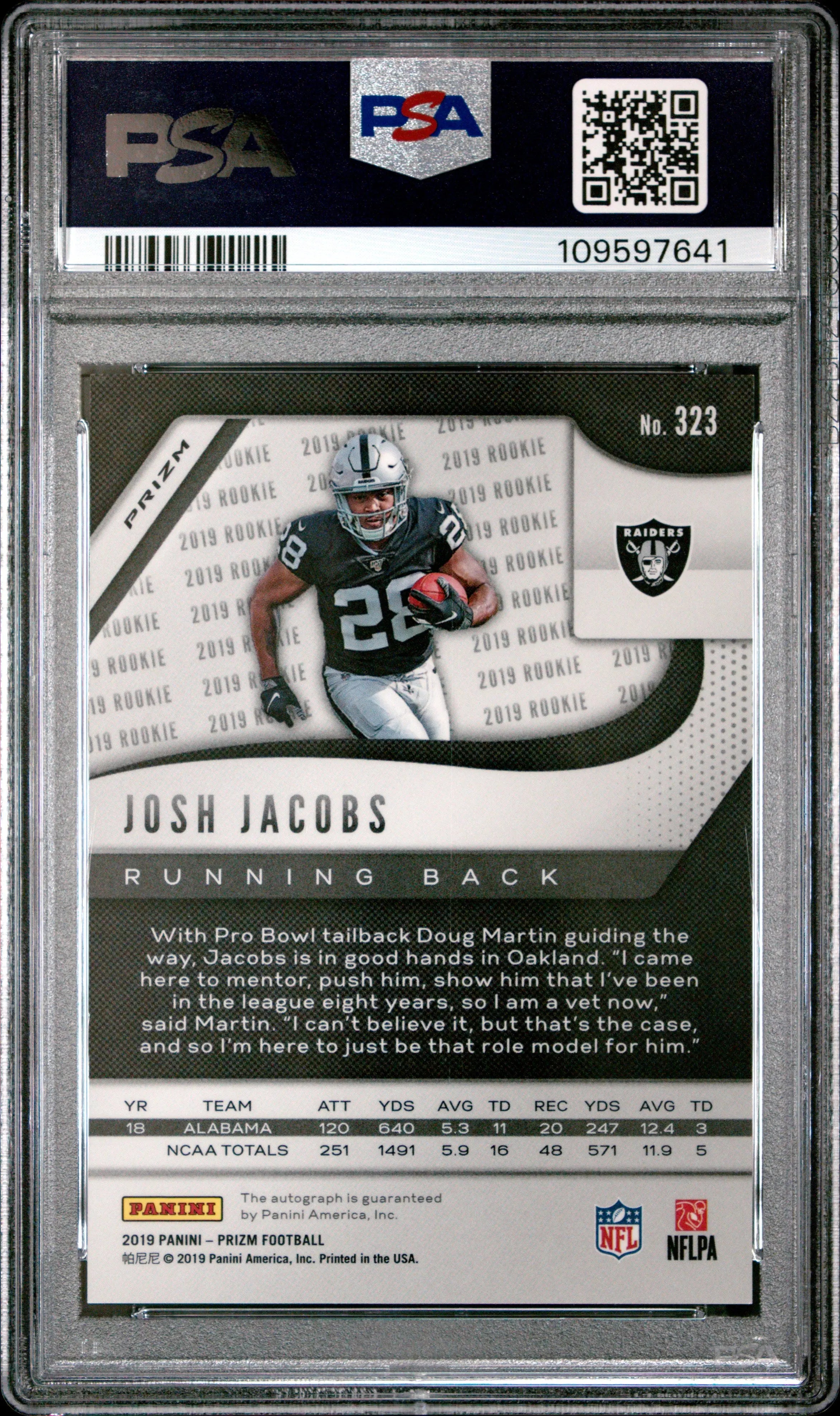 2019 Panini Prizm Josh Jacobs RC Rookie Auto Autograph PSA 10 