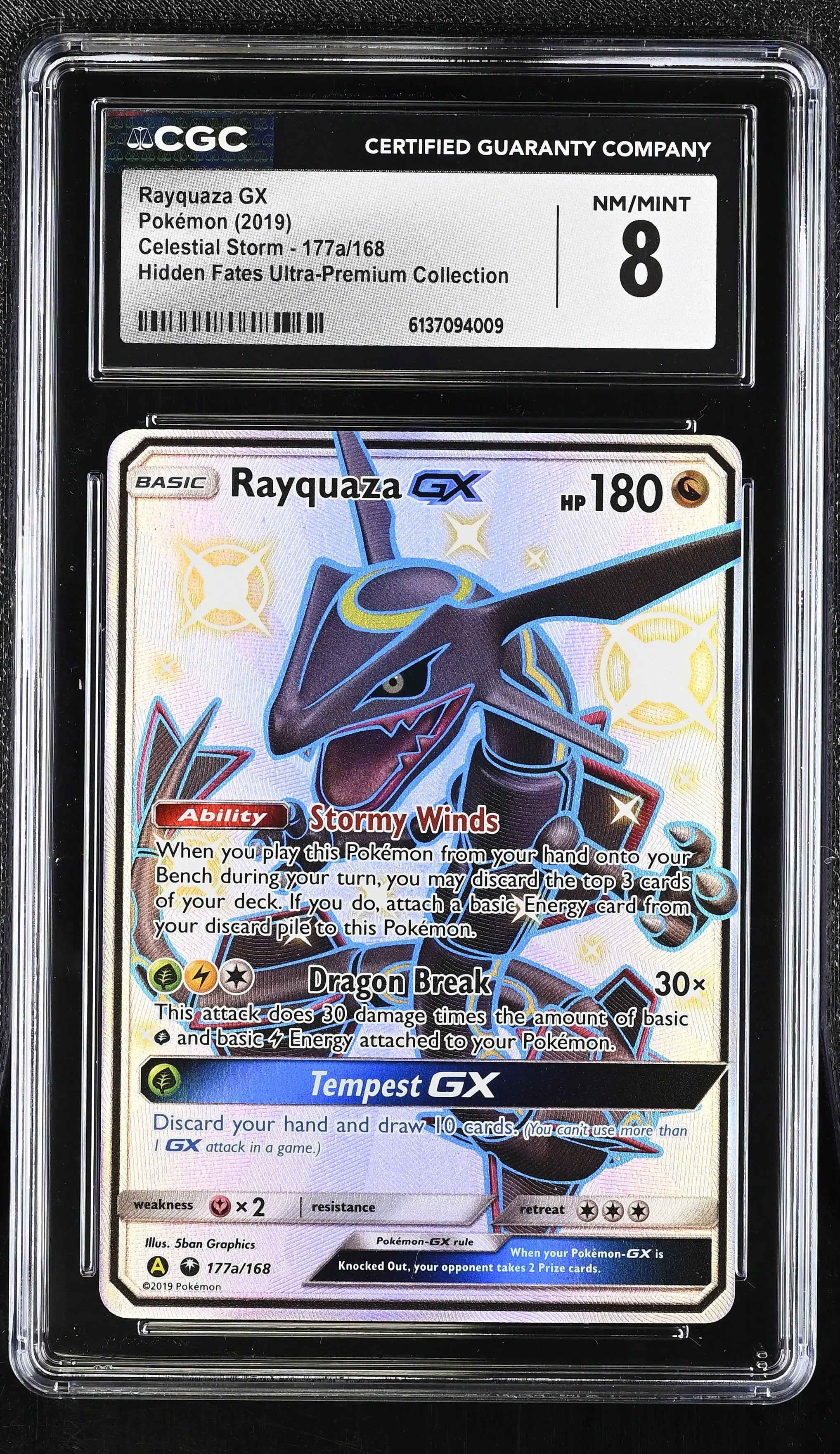 2019 Pokemon Celestial Storm Rayquaza GX Hidden Fates UPC CGC 8 177a/168 