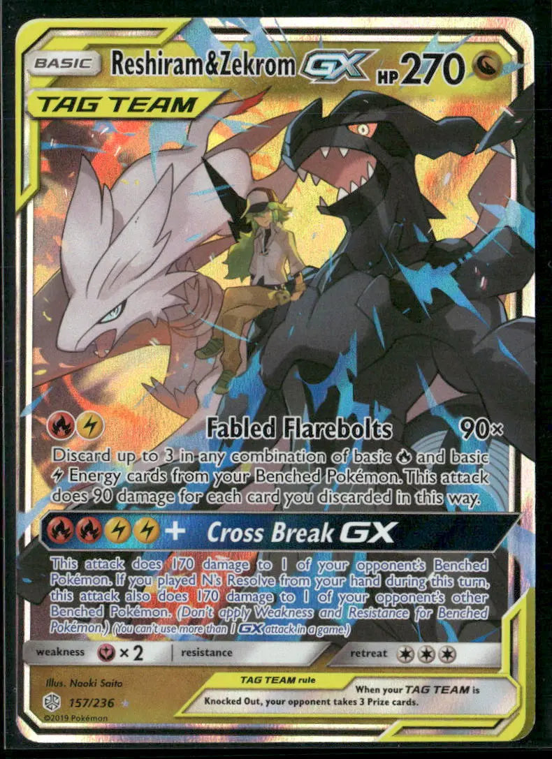 2019 Pokemon Cosmic Eclipse Ultra Rare Reshiram & Zekrom GX 157/236 