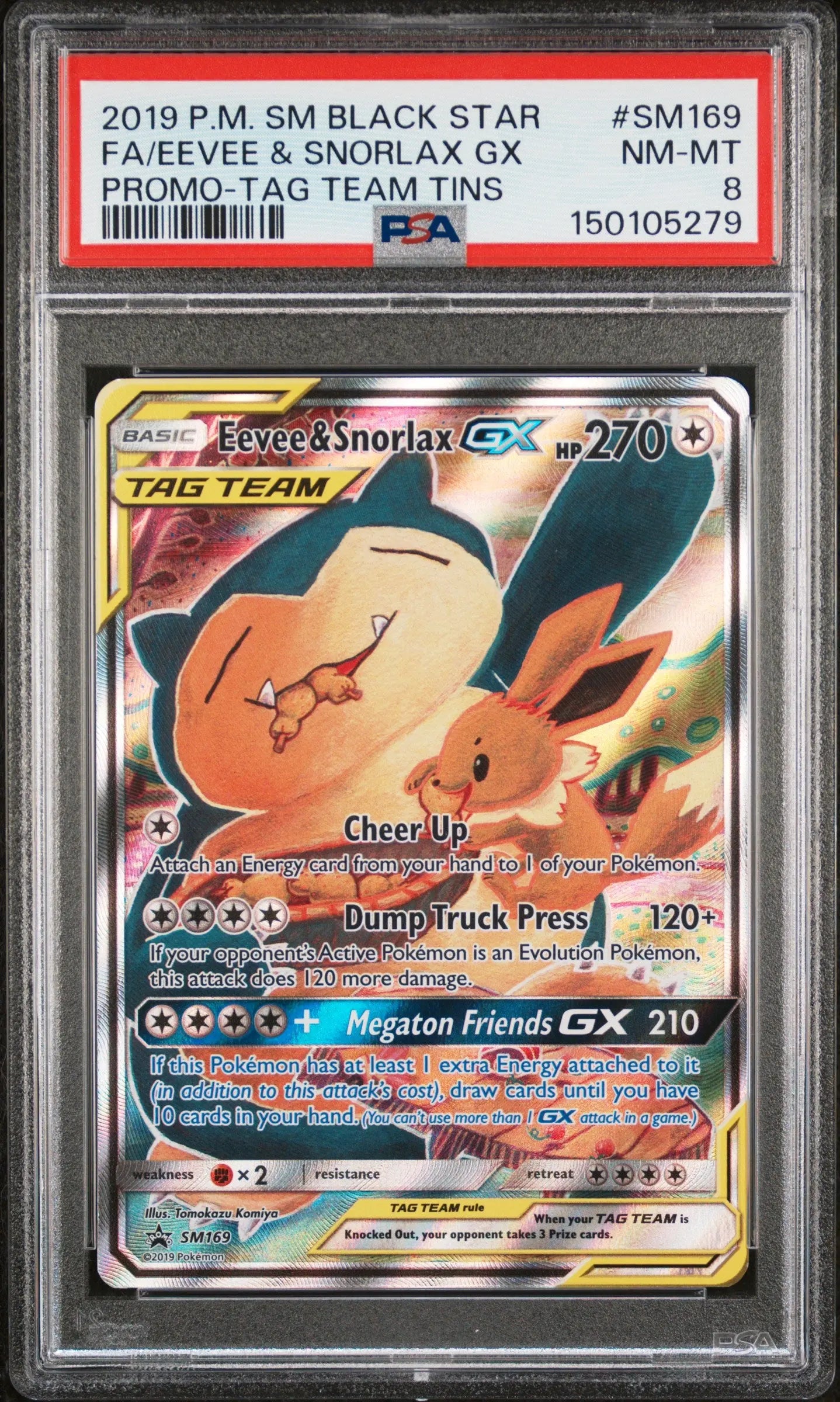 2019 Pokemon SM Black Star Promo Eevee & Snorlax GX TAG Team SM169 PSA 8 