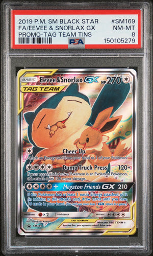 2019 Pokemon SM Black Star Promo Eevee & Snorlax GX TAG Team SM169 PSA 8 