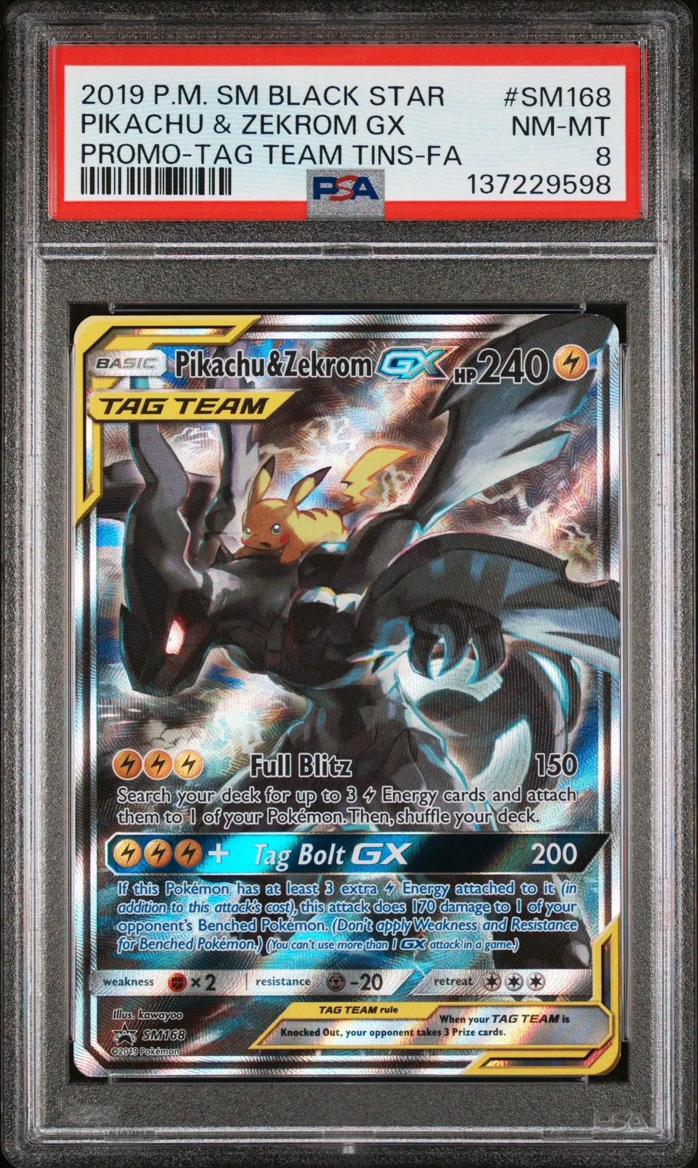 2019 Pokemon SM Black Star Promo Pikachu & Zekrom GX Promo-TAG Team SM168 PSA 8 