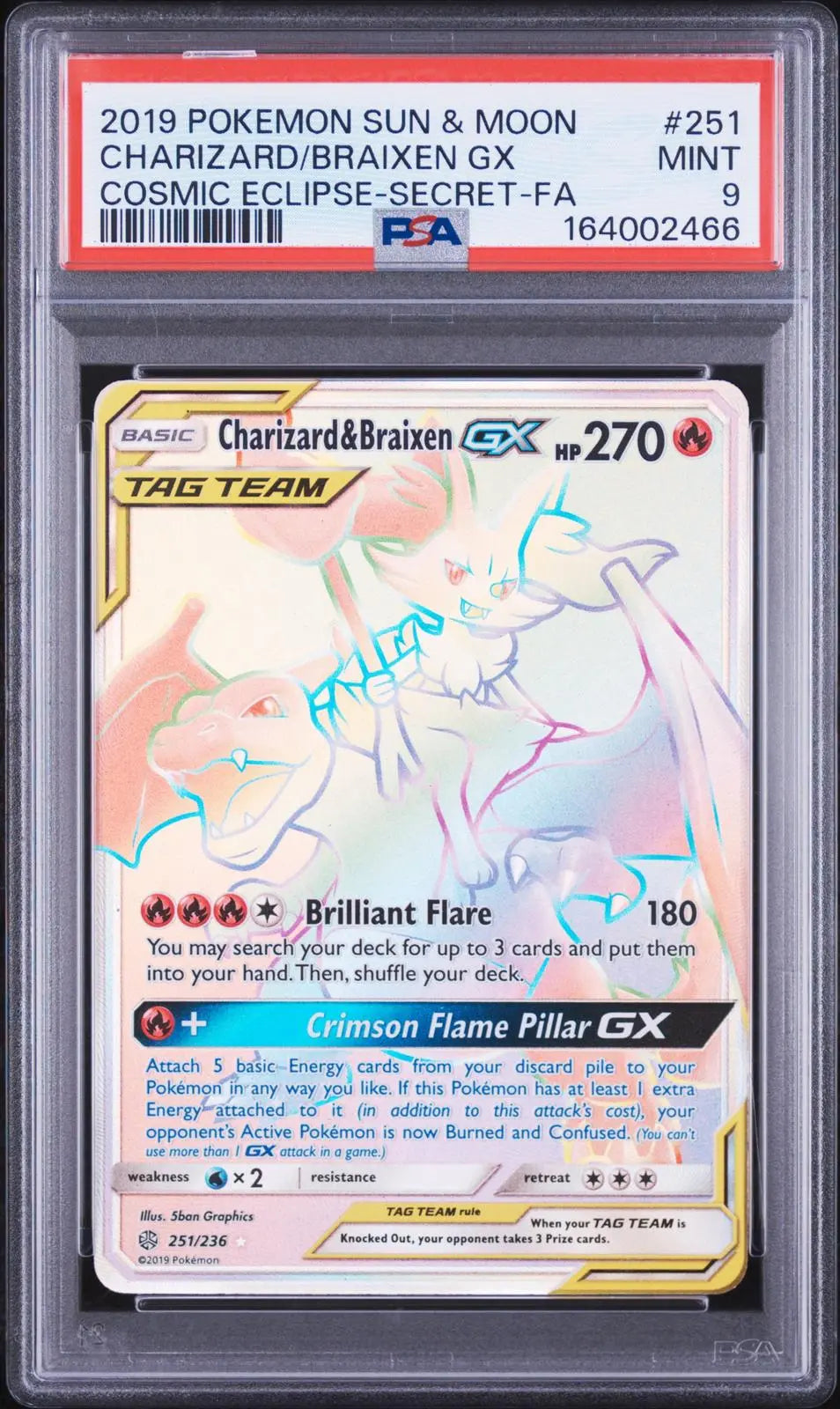 2019 Pokemon SM Cosmic Eclipse Charizard & Braixen GX Secret Rare 251/236 PSA 9 