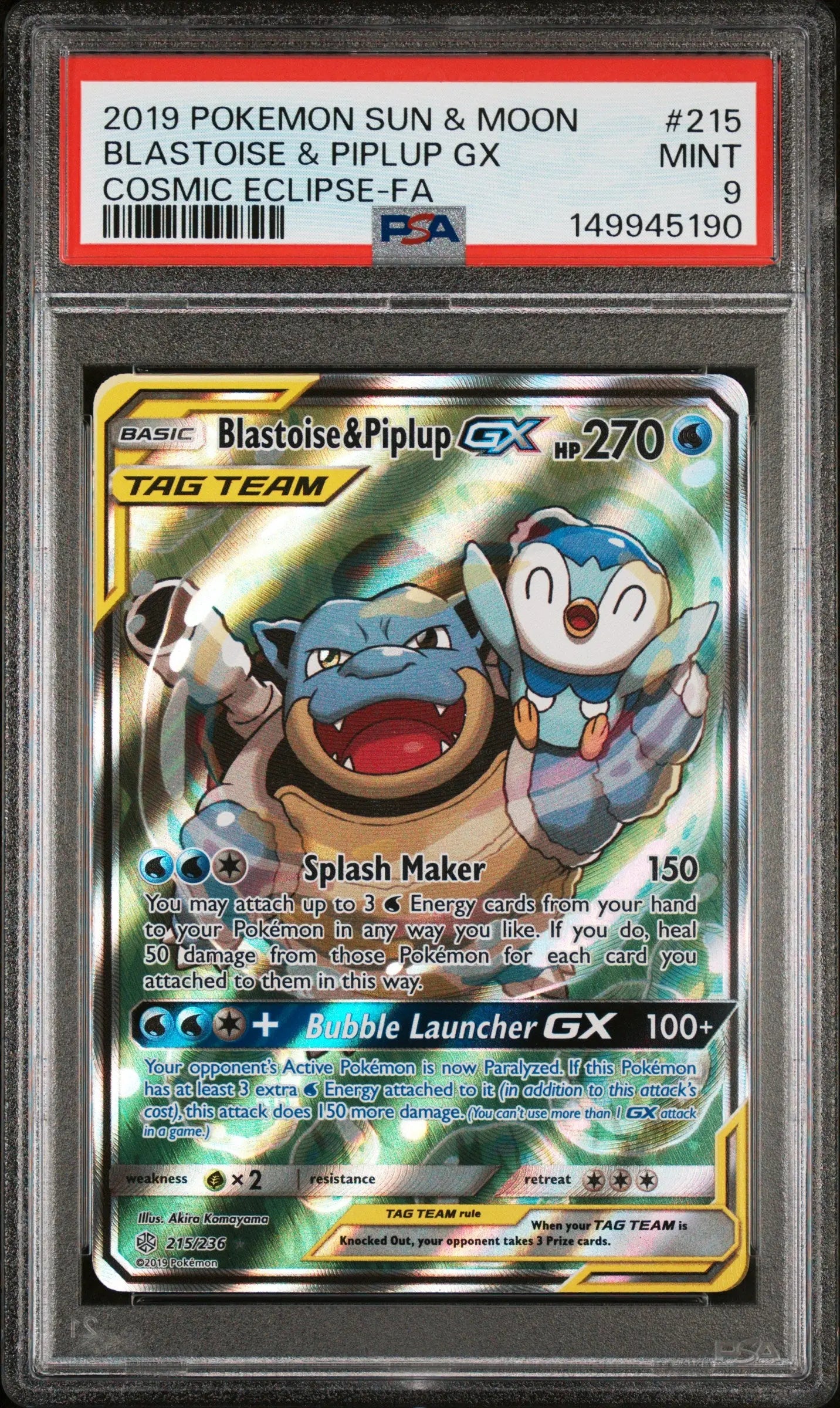 2019 Pokemon S&M Cosmic Eclipse Blastoise & Piplup GX Tag Team 215/236 PSA 9 