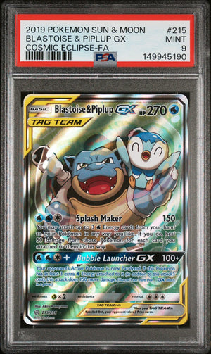 2019 Pokemon S&M Cosmic Eclipse Blastoise & Piplup GX Tag Team 215/236 PSA 9 