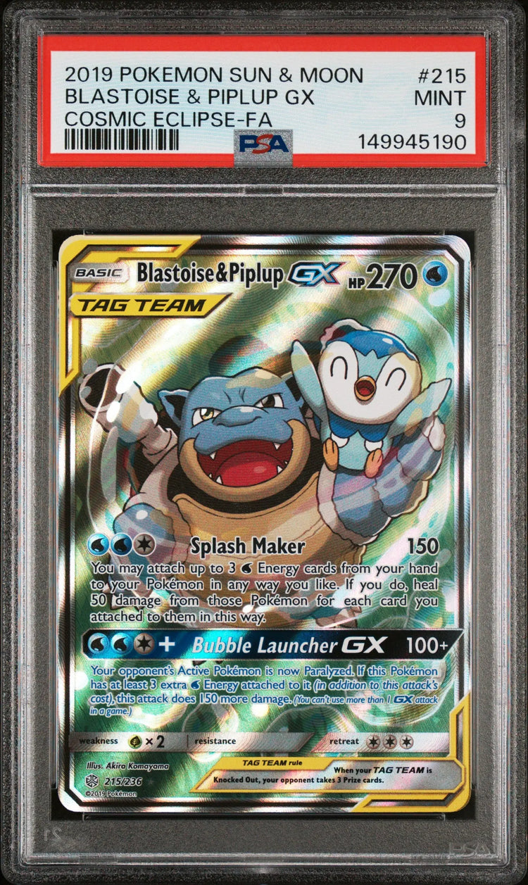 2019 Pokemon S&M Cosmic Eclipse Blastoise & Piplup GX Tag Team 215/236 PSA 9 