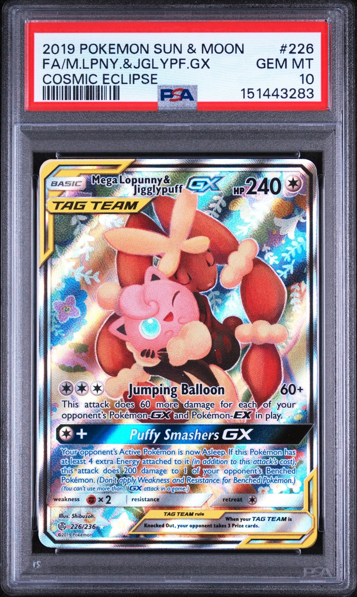 2019 Pokemon S&M Cosmic Eclipse Mega Loppunny & Jiggglypuff GX 226/236 PSA 10 