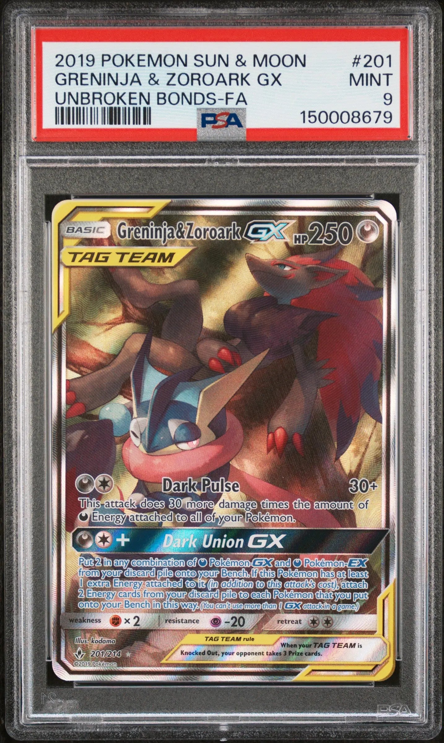 2019 Pokemon S&M Unbroken Bonds Greninja & Zoroark GX Tag Team 201/214 PSA 9 