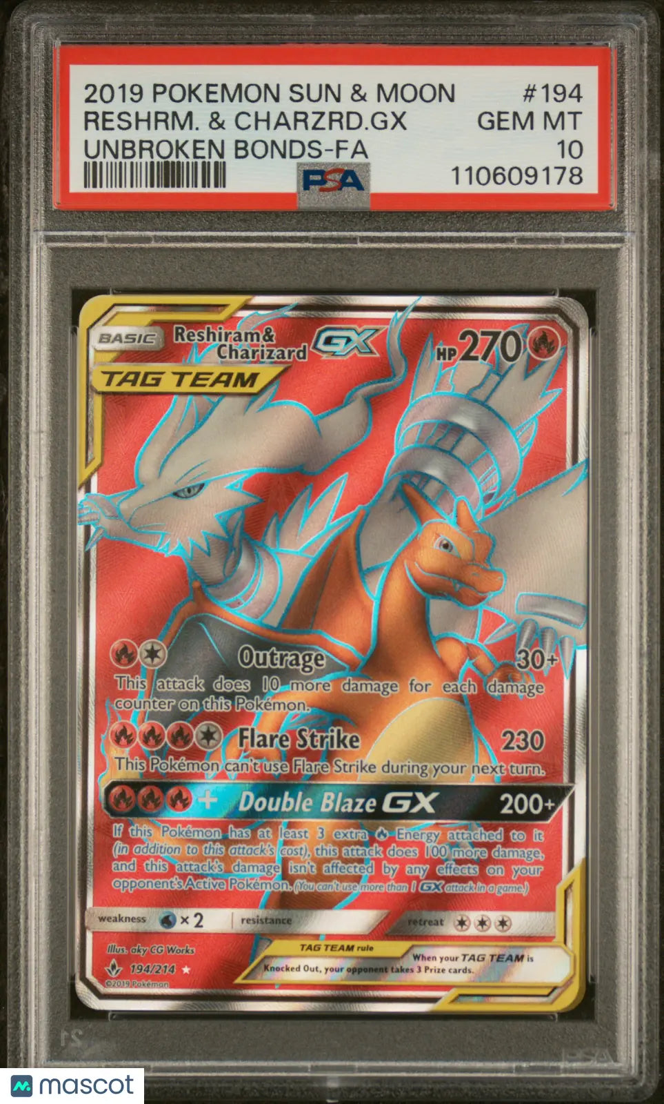 2019 Pokemon Sun Moon Unbroken Bonds Reshiram Charizard GX Tag Team PSA 10 #194 