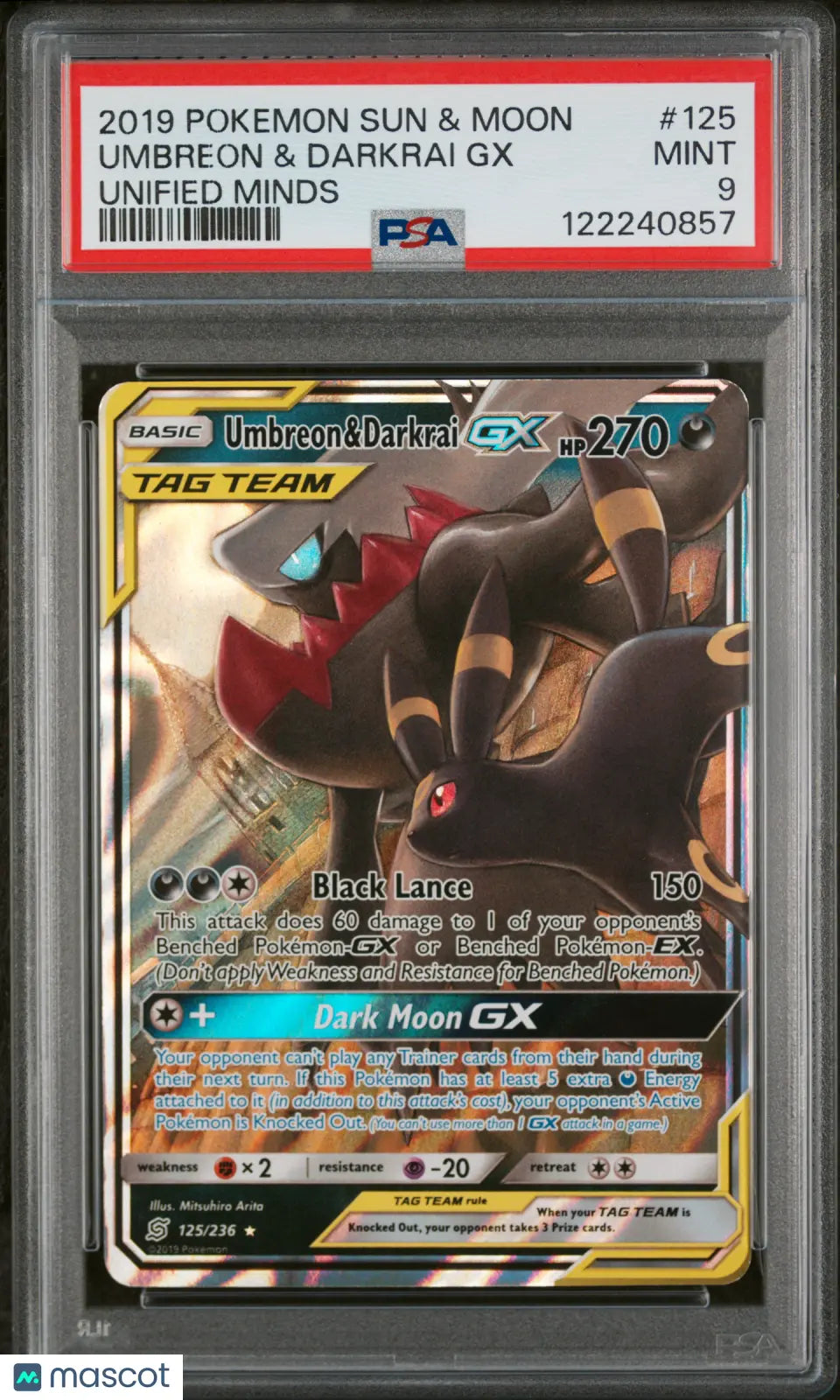 2019 Pokemon Sun Moon Unified Minds Tag Team Umbreon Darkrai GX PSA 9 125/236 