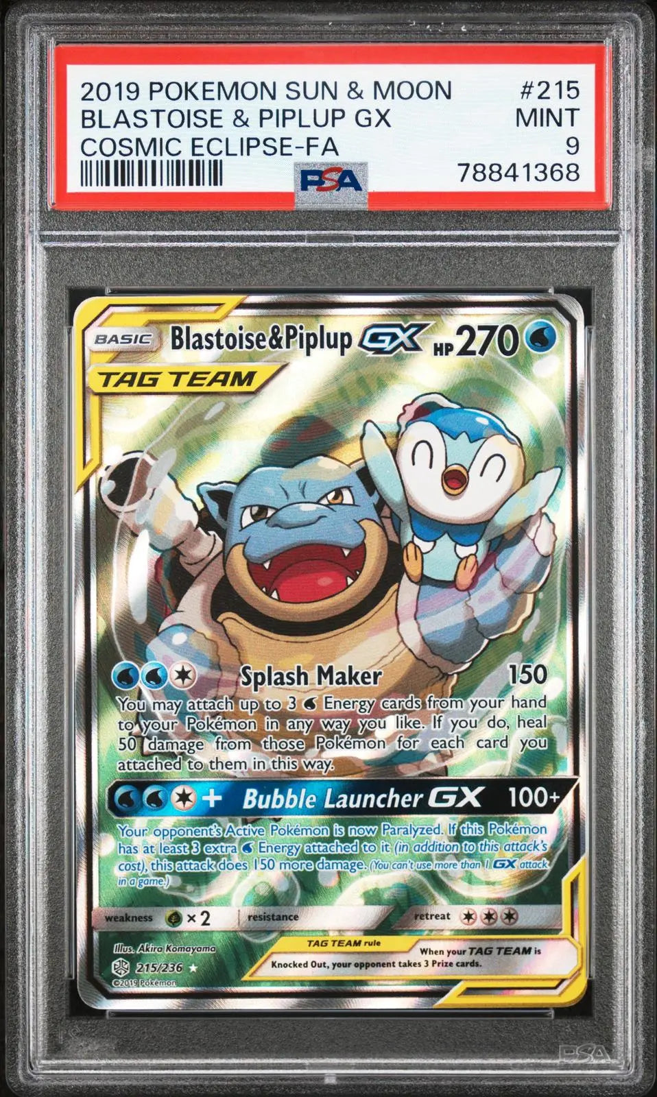 2019 Pokemon Sun & Moon Cosmic Eclipse Blastoise & Piplup GX 215/236 PSA 9 
