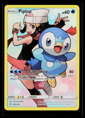 2019 Pokemon Sun & Moon Cosmic Eclipse Piplup Secret Rare Holofoil 239/236 
