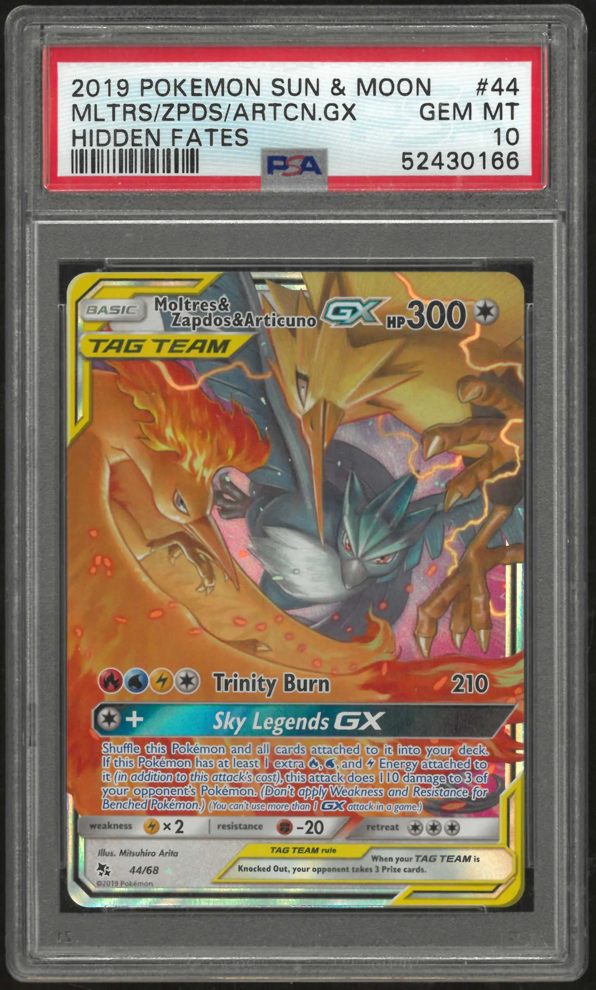 2019 Pokemon Sun & Moon Hidden Fates 44/68 Moltres & Zapdos & Articuno GX PSA 10 
