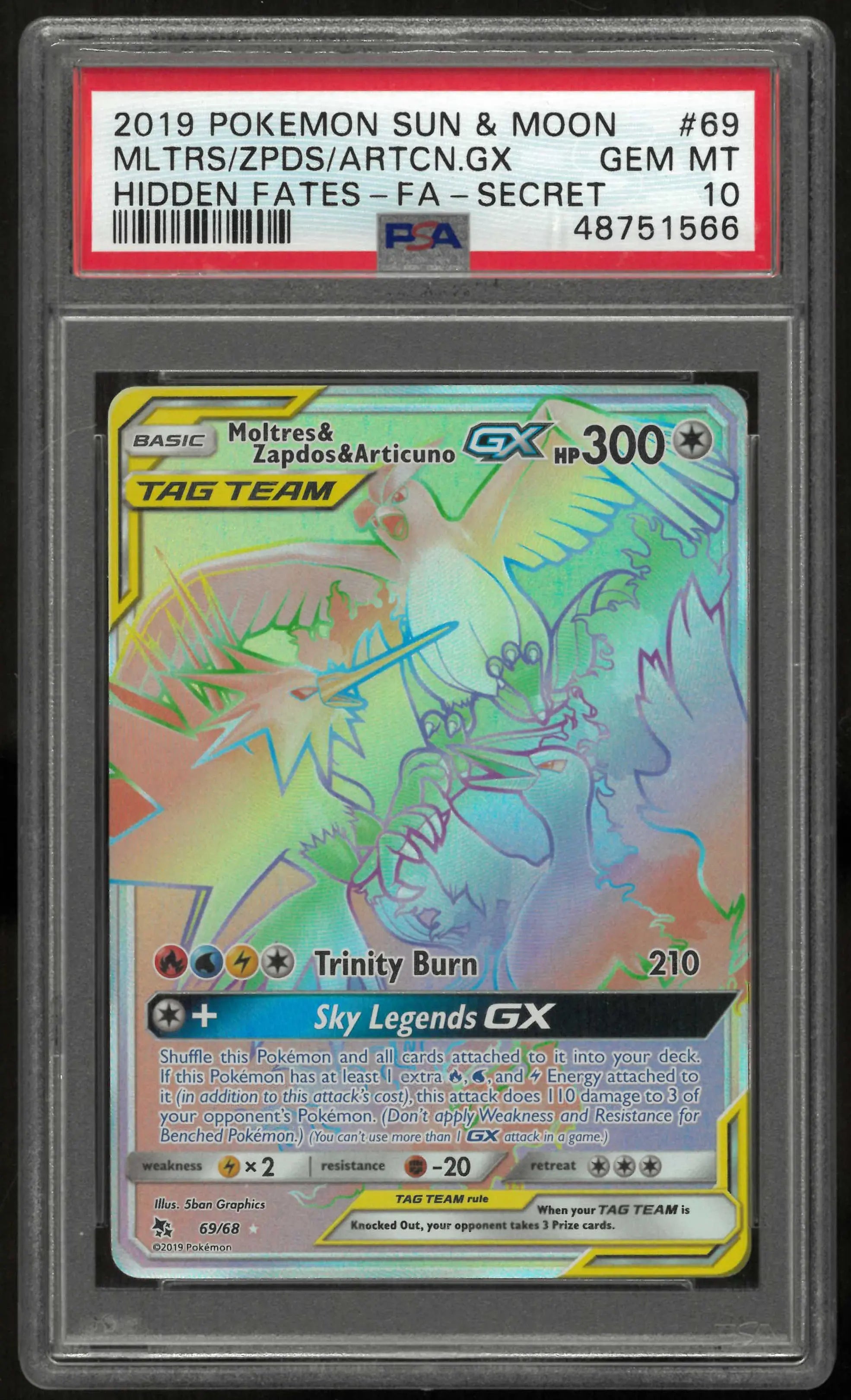 2019 Pokemon Sun & Moon Hidden Fates 69/68 Mltrs/Zpds/Artcn GX Secret PSA 10 