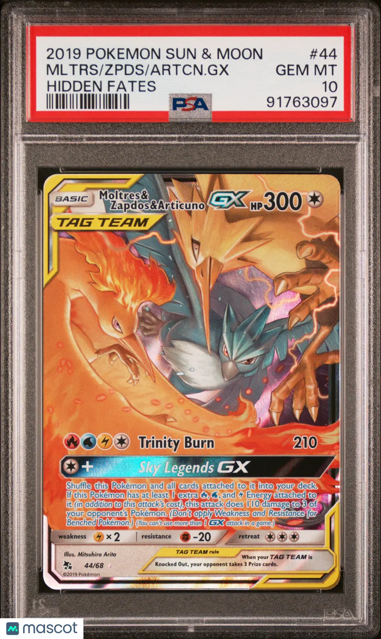 2019 Pokemon Sun & Moon Hidden Fates Articuno GX Zapdos Moltres PSA 10 44/68 