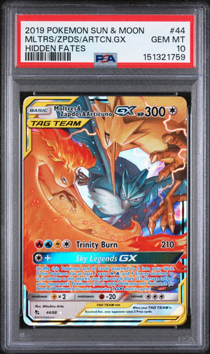 2019 Pokemon Sun & Moon Hidden Fates Articuno Moltres Zapdos GX 44/68 PSA 10 