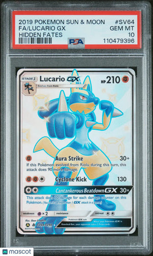 2019 Pokemon Sun & Moon Hidden Fates Lucario GX Fa Hidden Fates PSA 10 #SV64 
