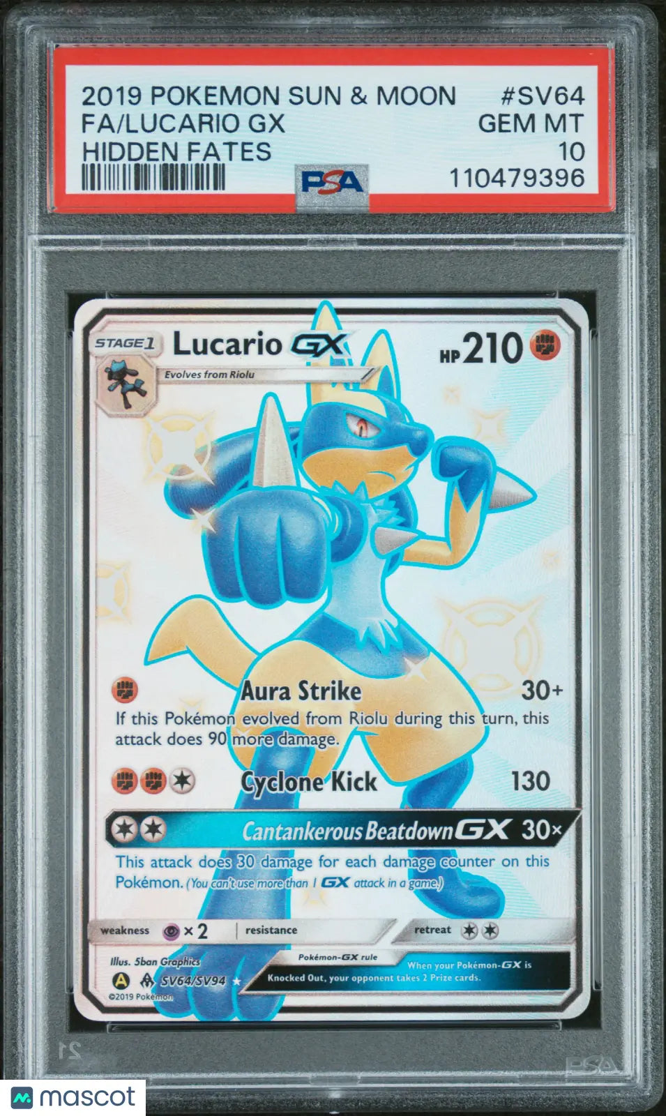 2019 Pokemon Sun & Moon Hidden Fates Lucario GX Fa Hidden Fates PSA 10 #SV64 