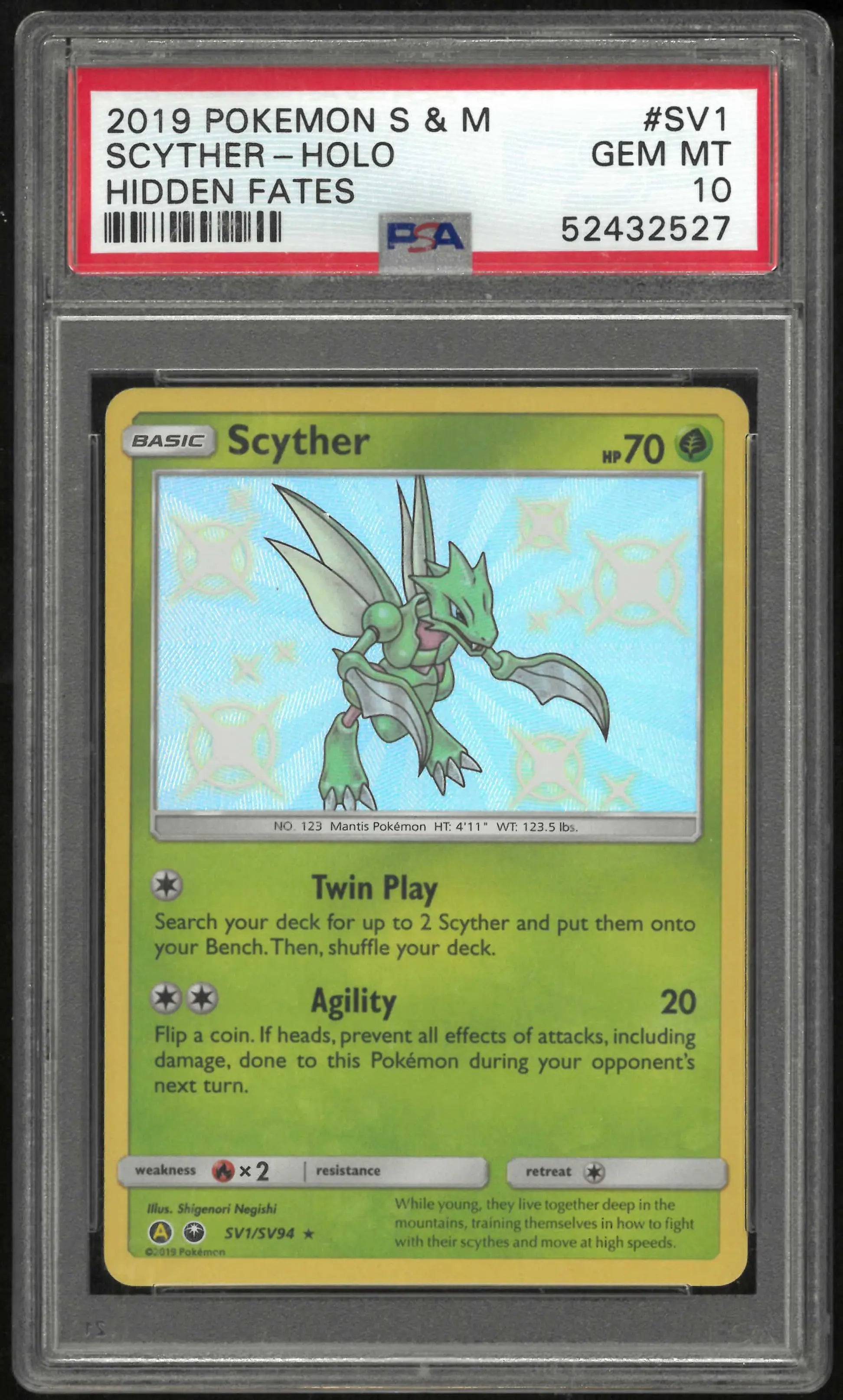 2019 Pokemon Sun & Moon Hidden Fates SV1/SV94 Scyther Holo PSA 10 