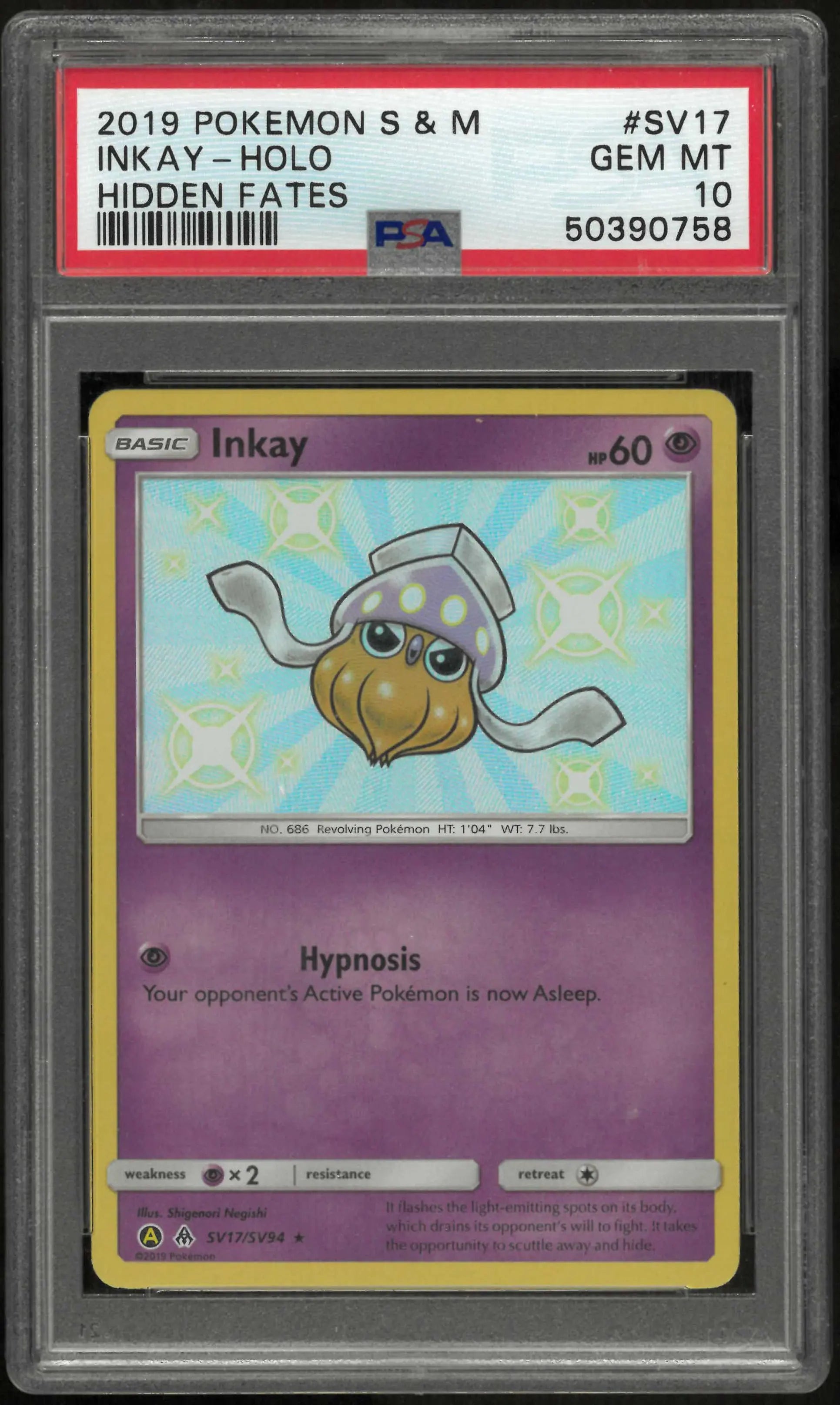 2019 Pokemon Sun & Moon Hidden Fates SV17/SV94  Inkay Holo PSA 10 