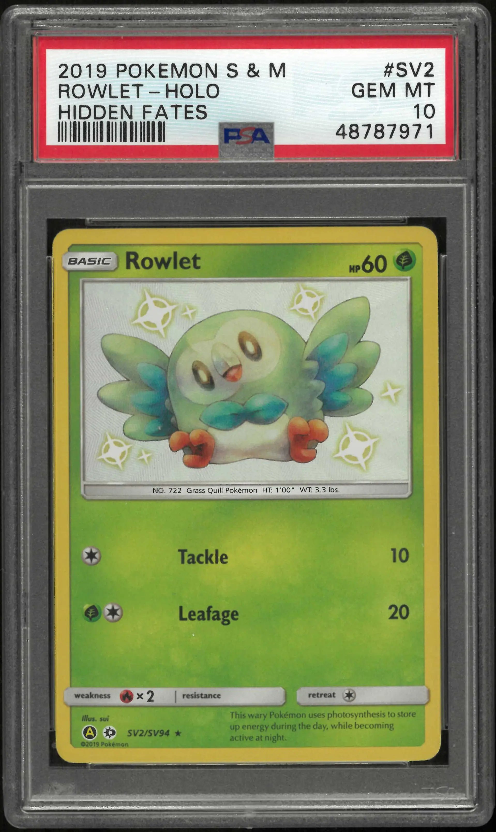 2019 Pokemon Sun & Moon Hidden Fates SV2/SV94 Rowlet Holo PSA 10 