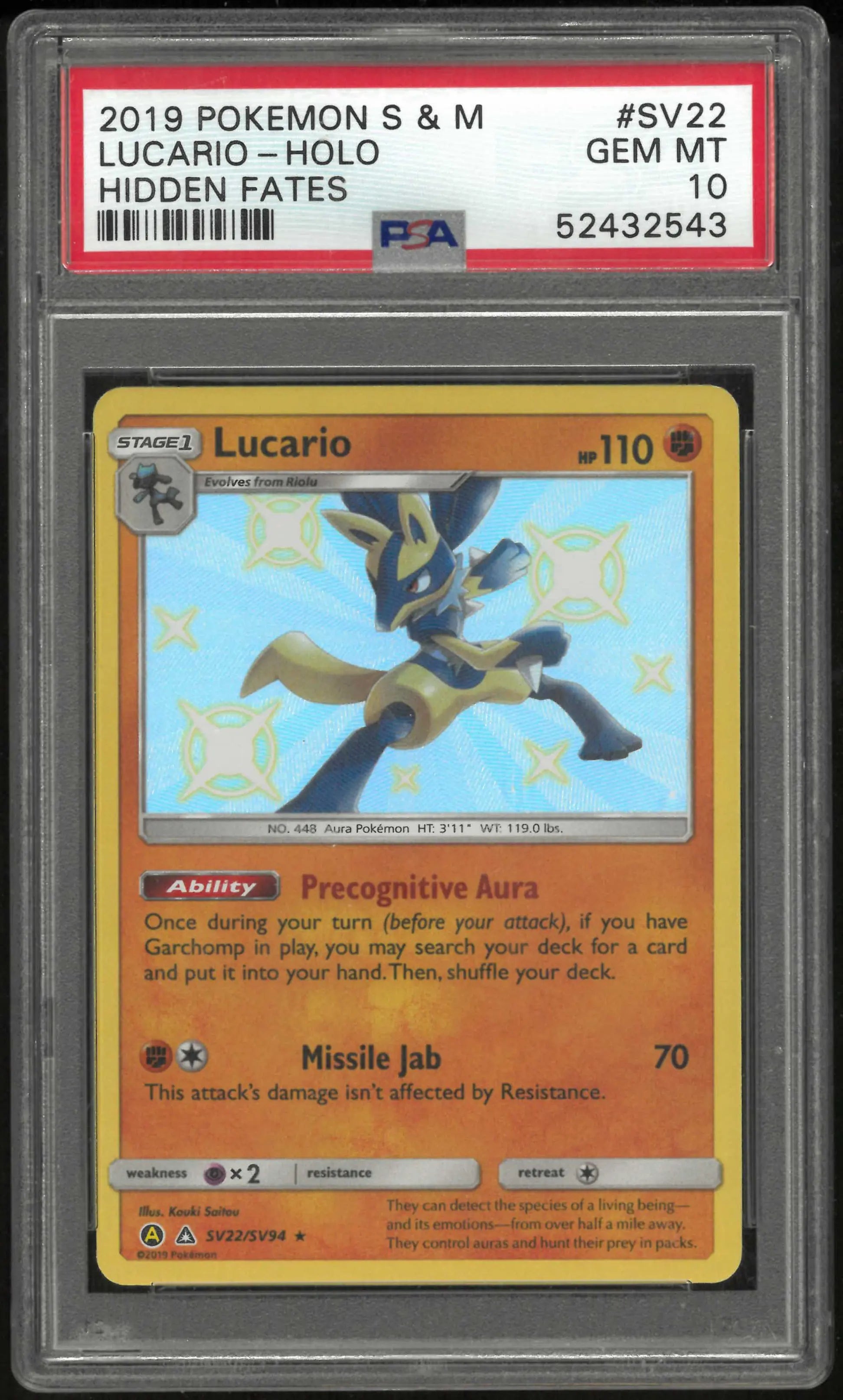 2019 Pokemon Sun & Moon Hidden Fates SV22/SV94 Lucario Holo PSA 10 