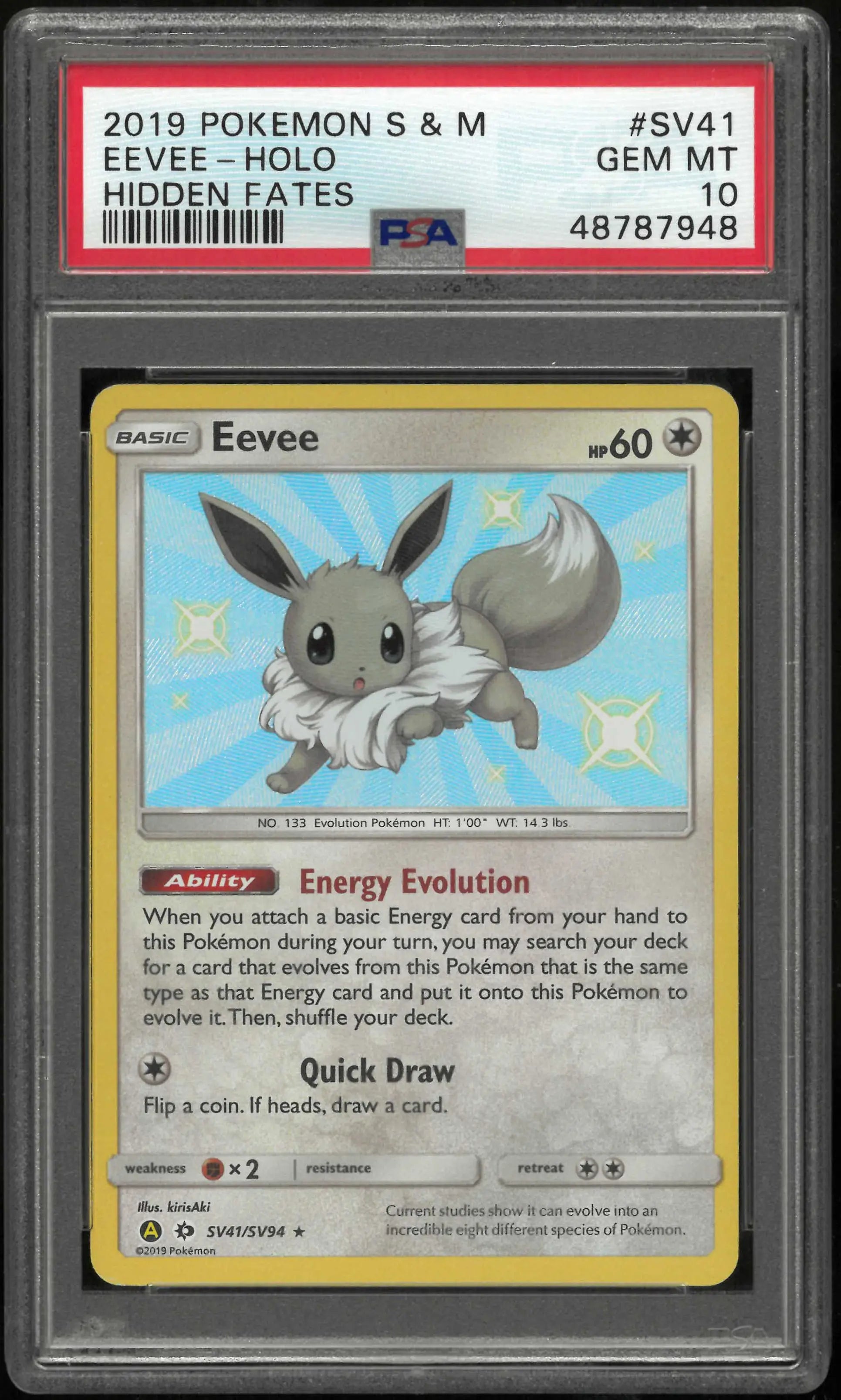 2019 Pokemon Sun & Moon Hidden Fates SV41/SV94 Eevee Holo PSA 10 