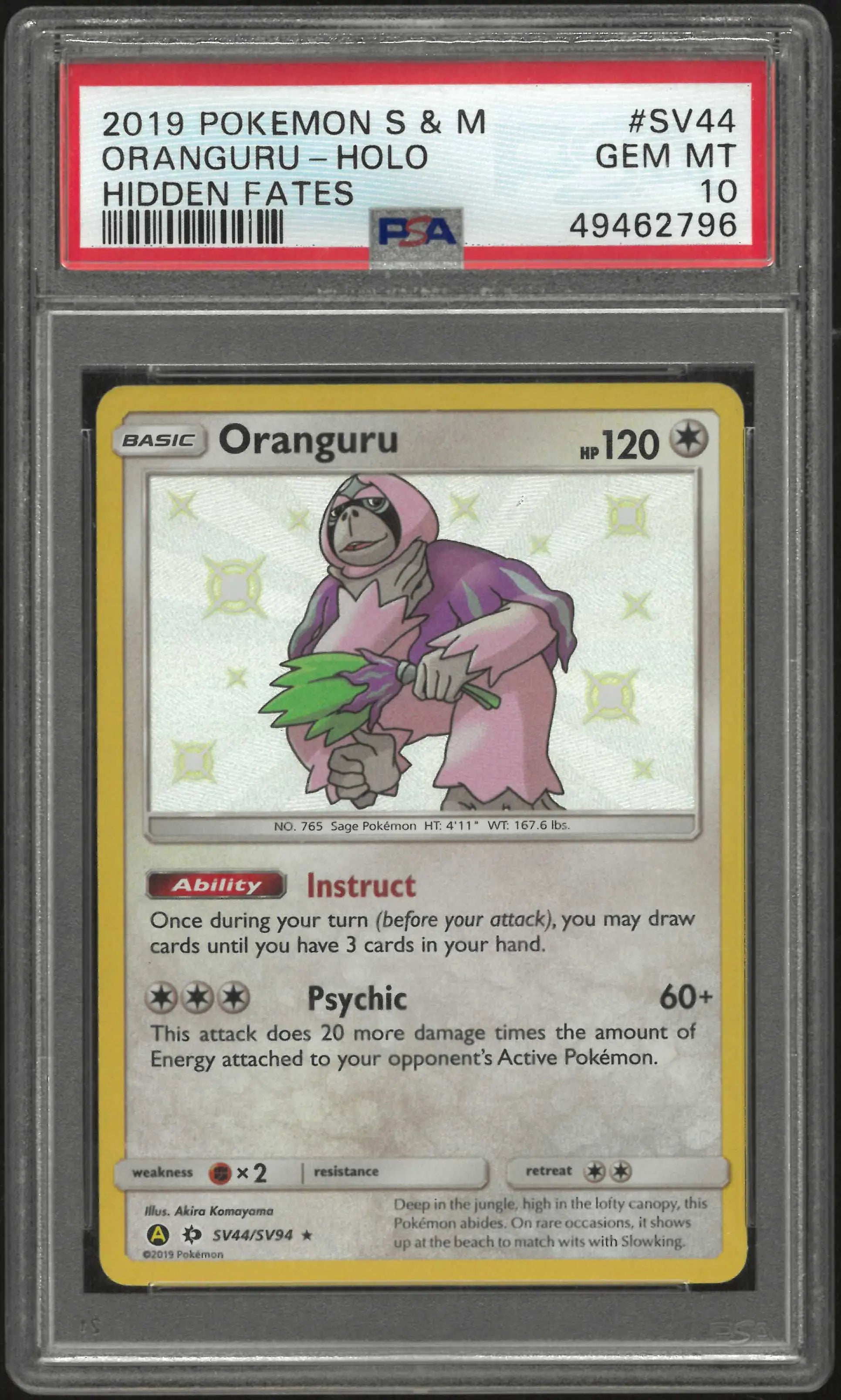 2019 Pokemon Sun & Moon Hidden Fates SV44/SV94 Oranguru Holo PSA 10 
