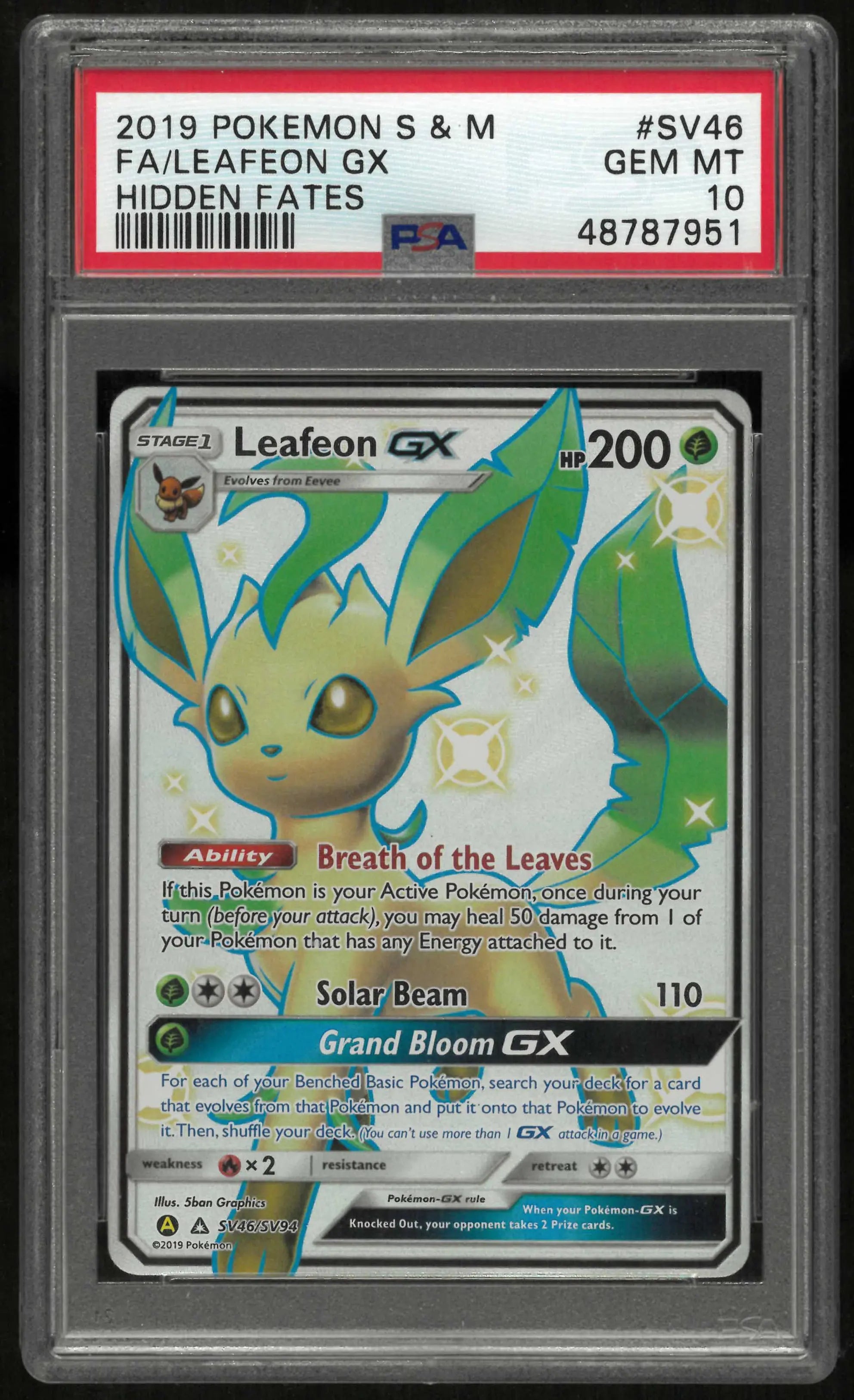 2019 Pokemon Sun & Moon Hidden Fates SV46/SV94 Leafeon Gx PSA 10 