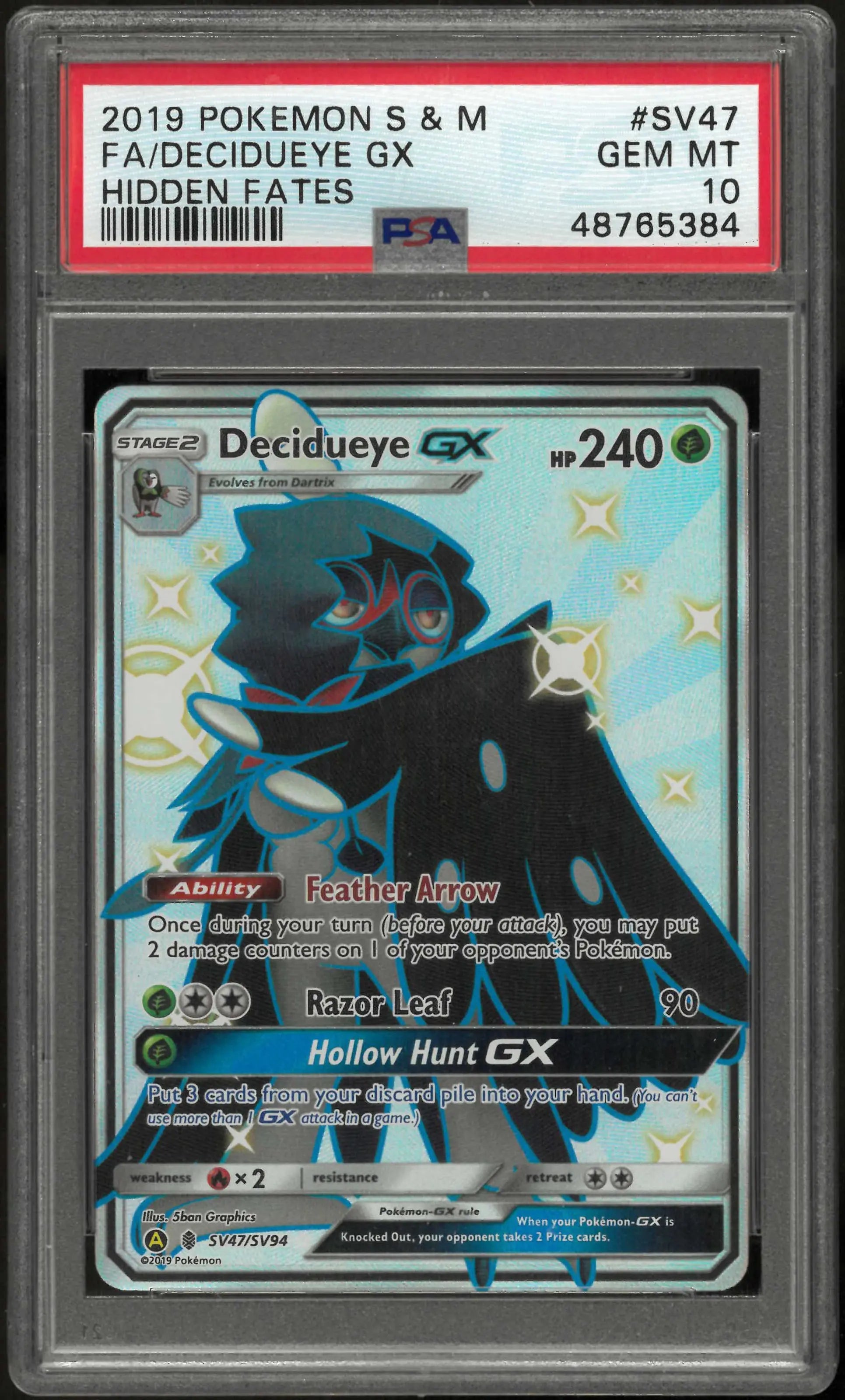 2019 Pokemon Sun & Moon Hidden Fates SV47/SV94 Decidueye Gx PSA 10 