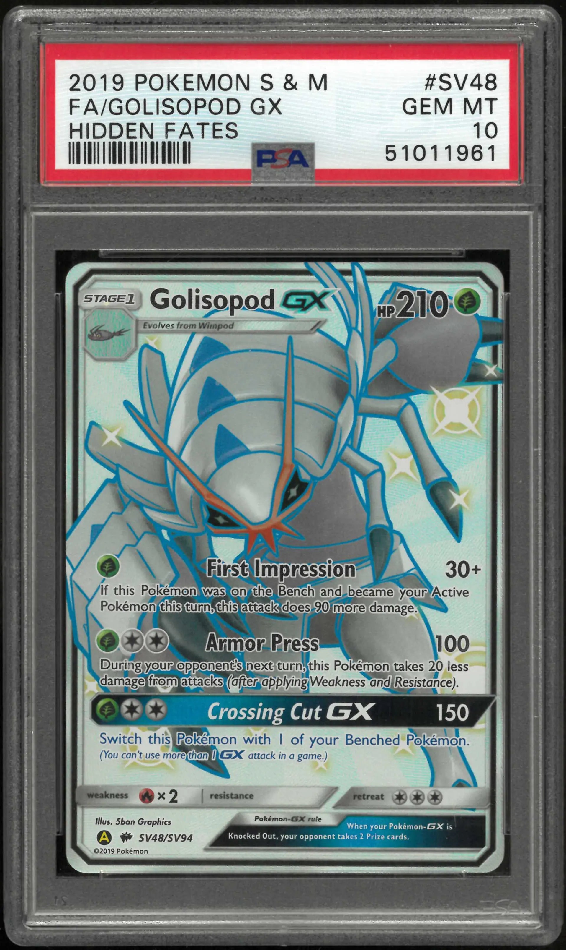 2019 Pokemon Sun & Moon Hidden Fates SV48/SV94 Golisopod Gx PSA 10 