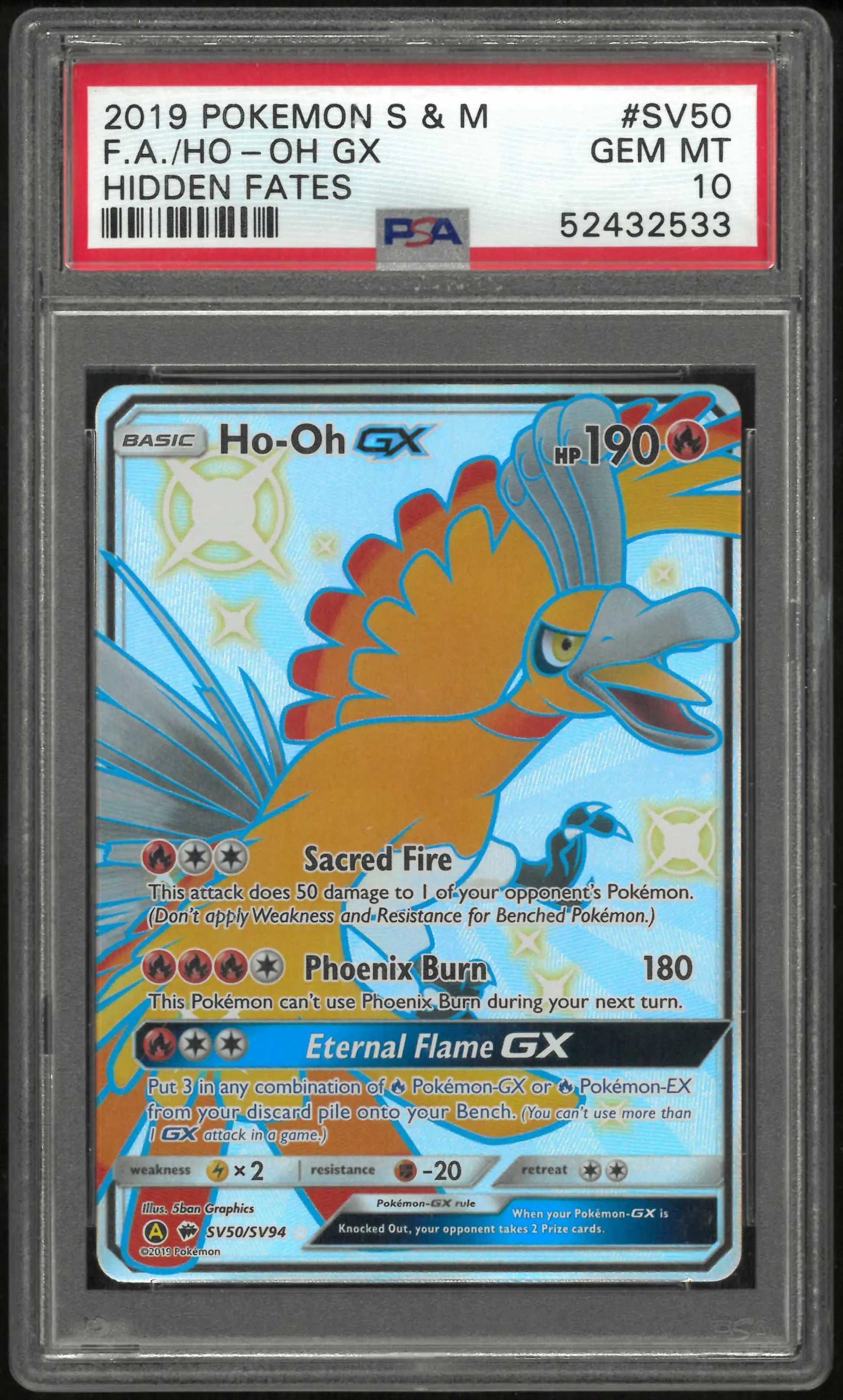 2019 Pokemon Sun & Moon Hidden Fates SV50/SV94 Ho-Oh Gx PSA 10 