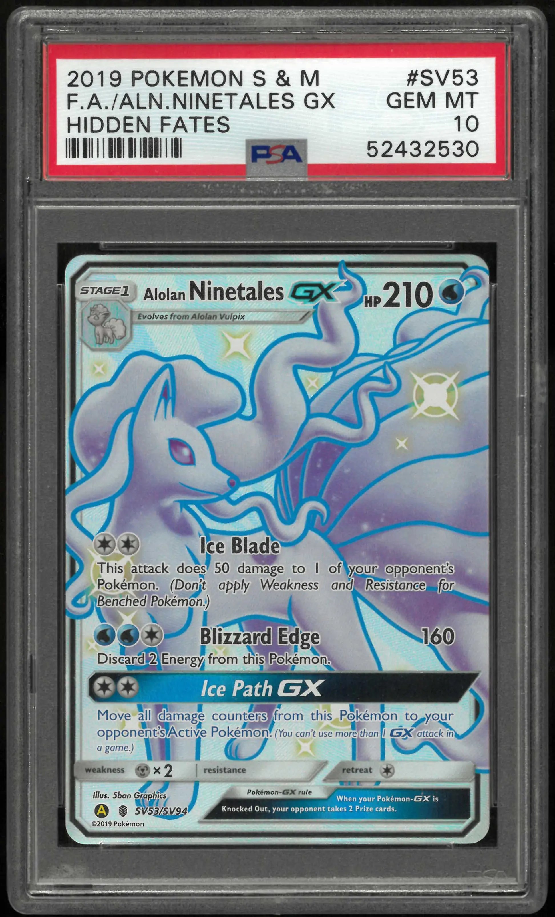 2019 Pokemon Sun & Moon Hidden Fates SV53/SV94 Alolan Ninetales Gx PSA 10 