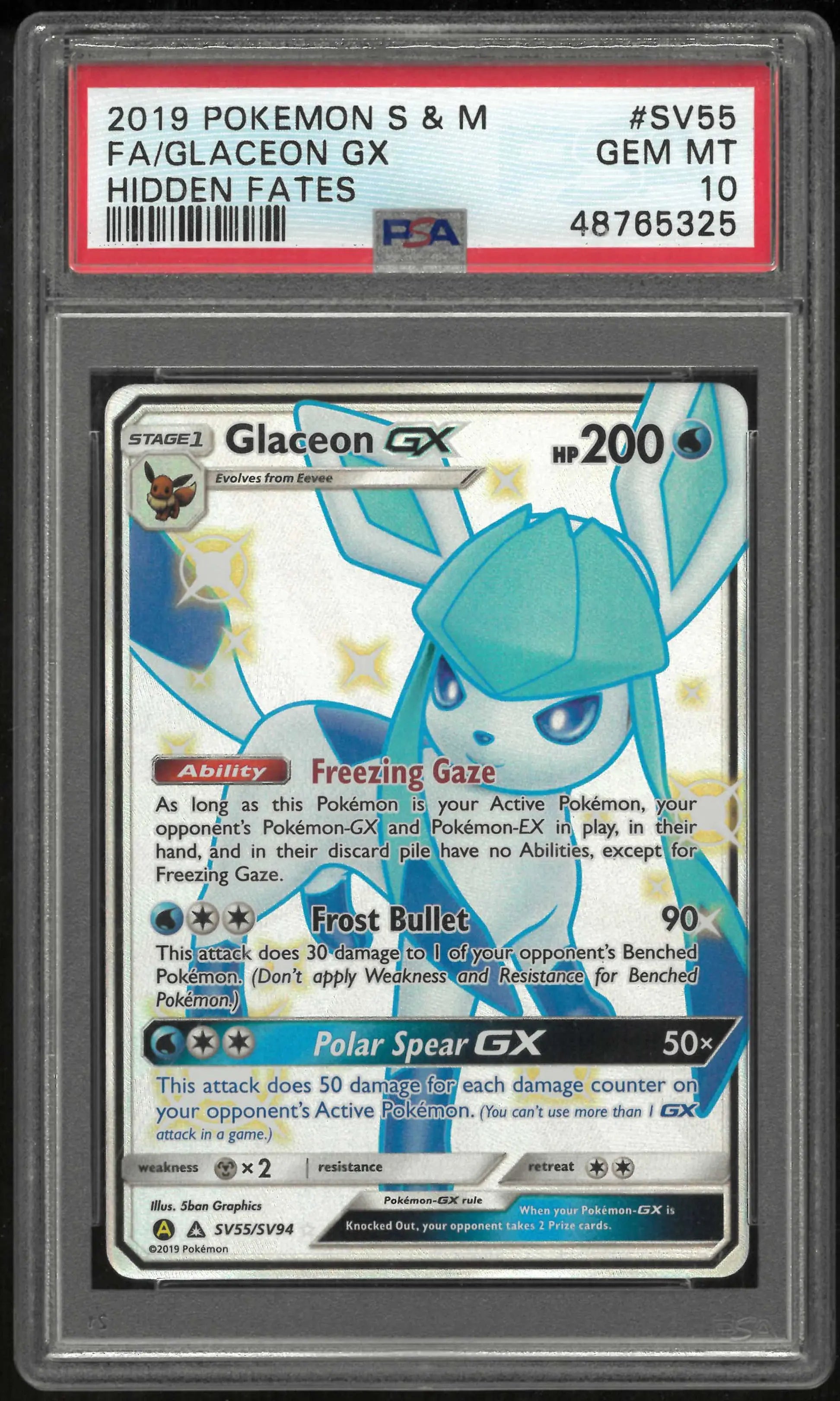 2019 Pokemon Sun & Moon Hidden Fates SV55/SV94 Glaceon Gx PSA 10 