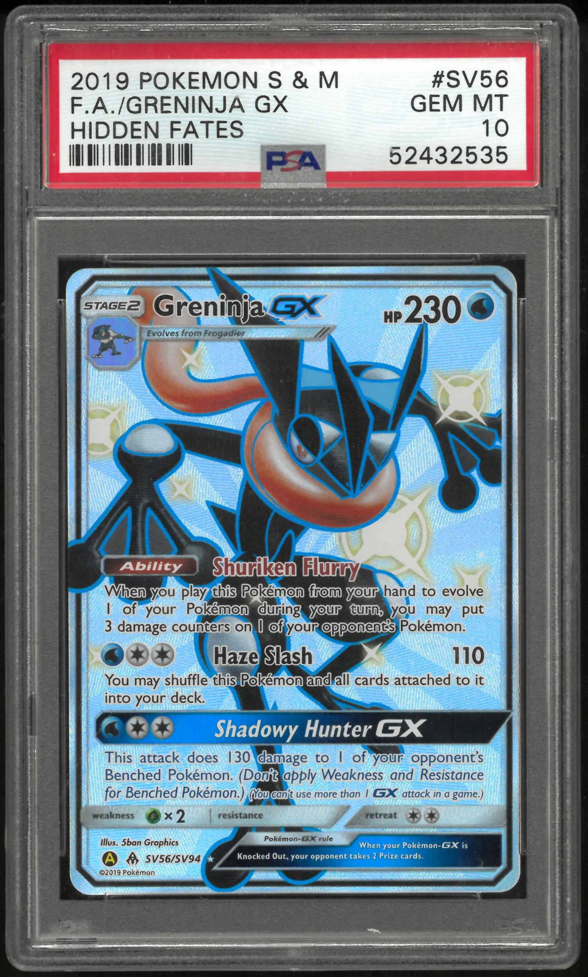 2019 Pokemon Sun & Moon Hidden Fates SV56/SV94 Greninja Gx PSA 10 