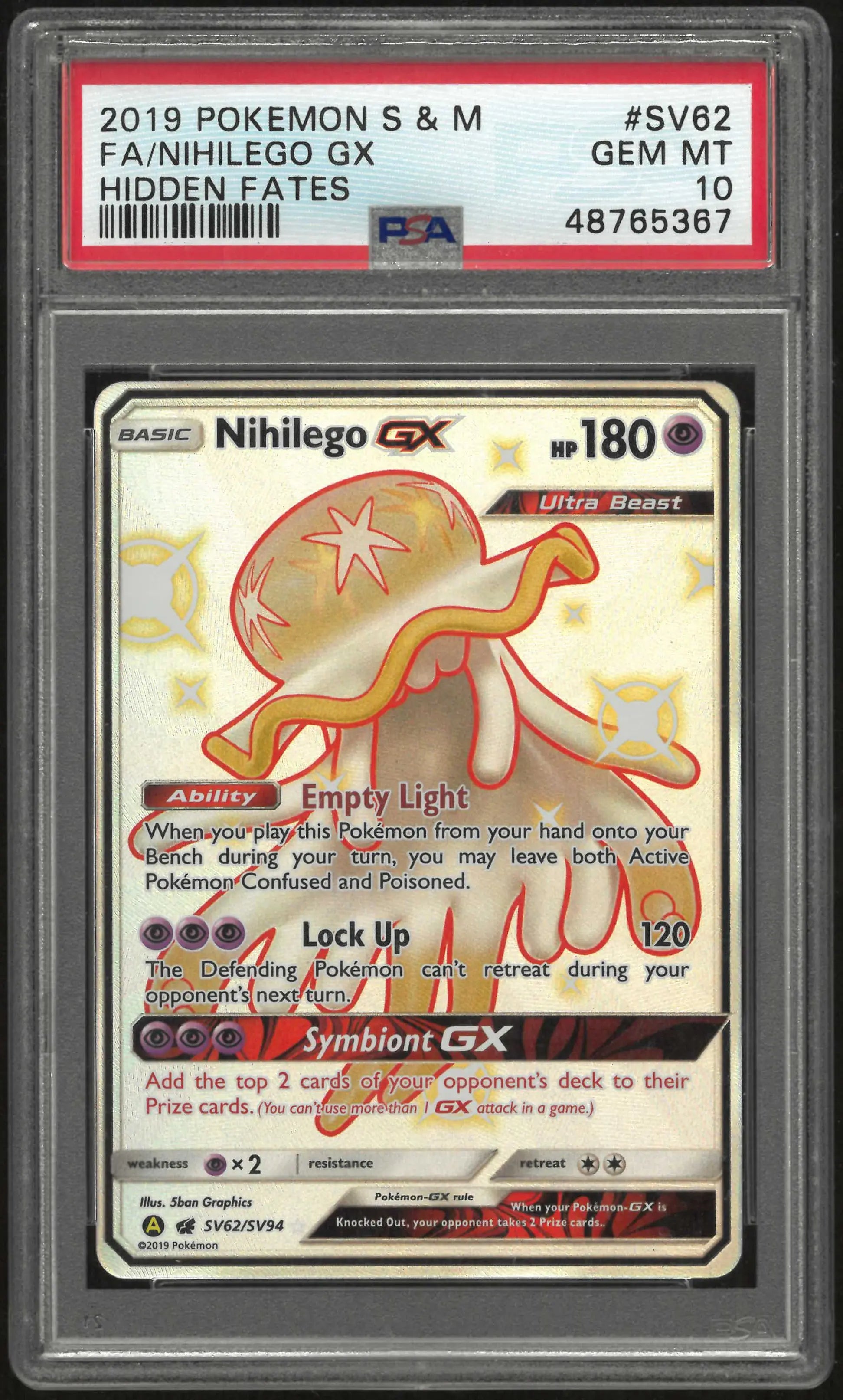 2019 Pokemon Sun & Moon Hidden Fates SV62/SV94 Nihilego Gx  PSA 10 