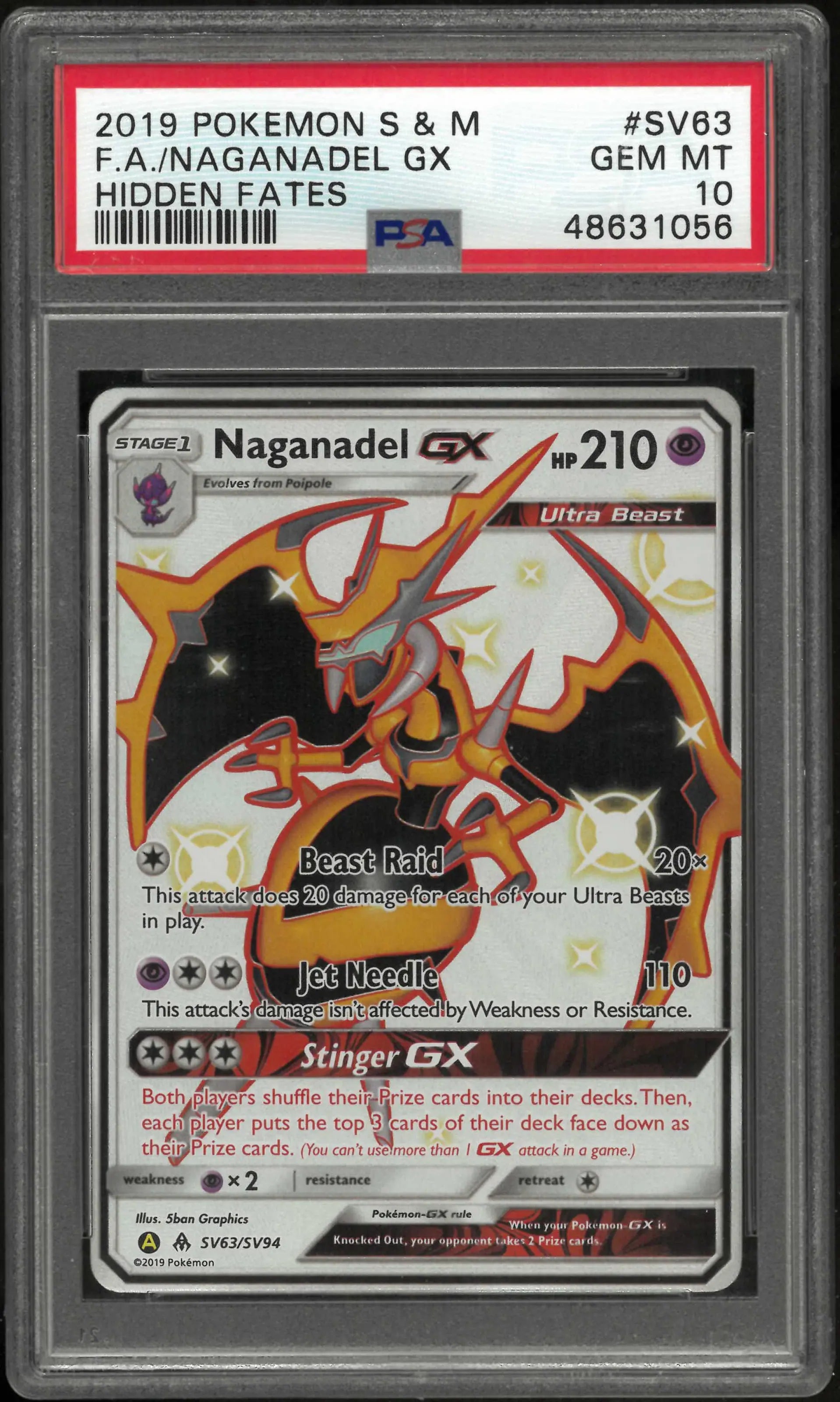 2019 Pokemon Sun & Moon Hidden Fates SV63/SV94 Naganadel Gx PSA 10 